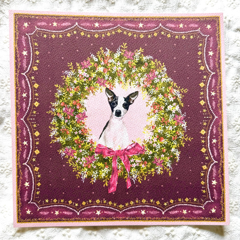 "Berry Wreath" Black & White Smooth-Haired Chihuahua Christmas Art Print