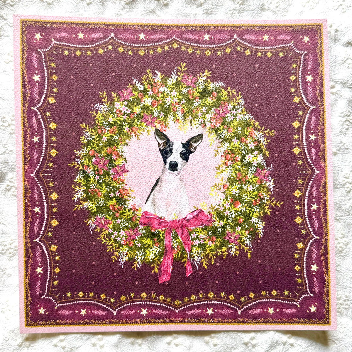 "Berry Wreath" Black & White Smooth-Haired Chihuahua Christmas Art Print