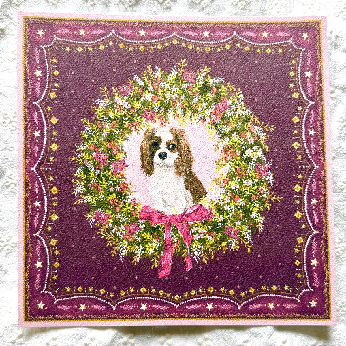 "Berry Wreath" Blenheim Cavelier King Charles Spaniel Christmas Art Print
