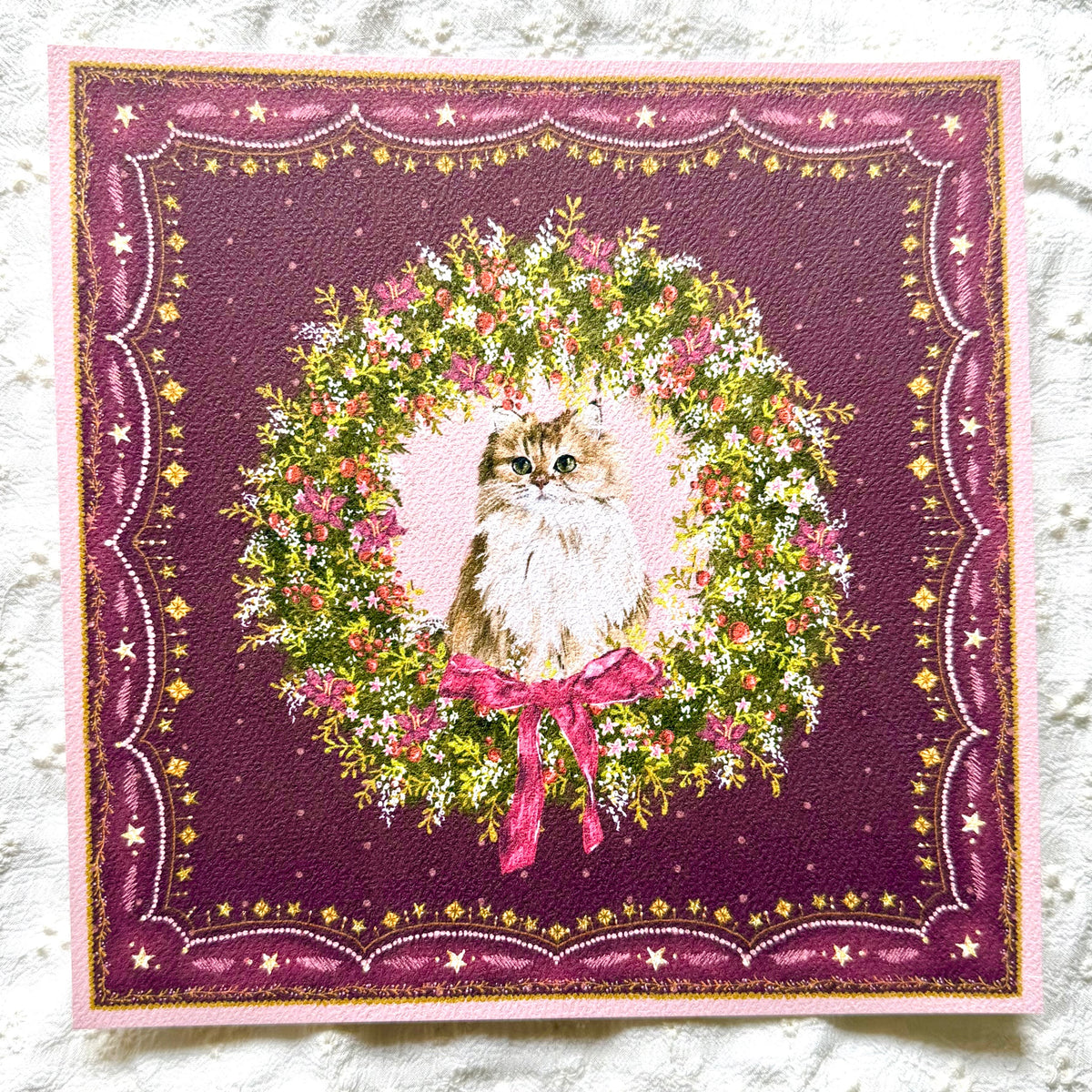 "Berry Wreath" Golden Chinchilla Persian Cat Christmas Art Print