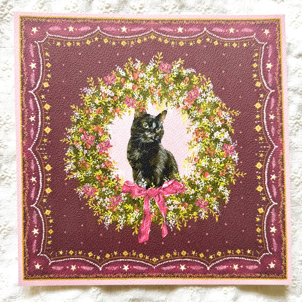 "Berry Wreath" Black Domestic Shorthair Cat Christmas Art Print