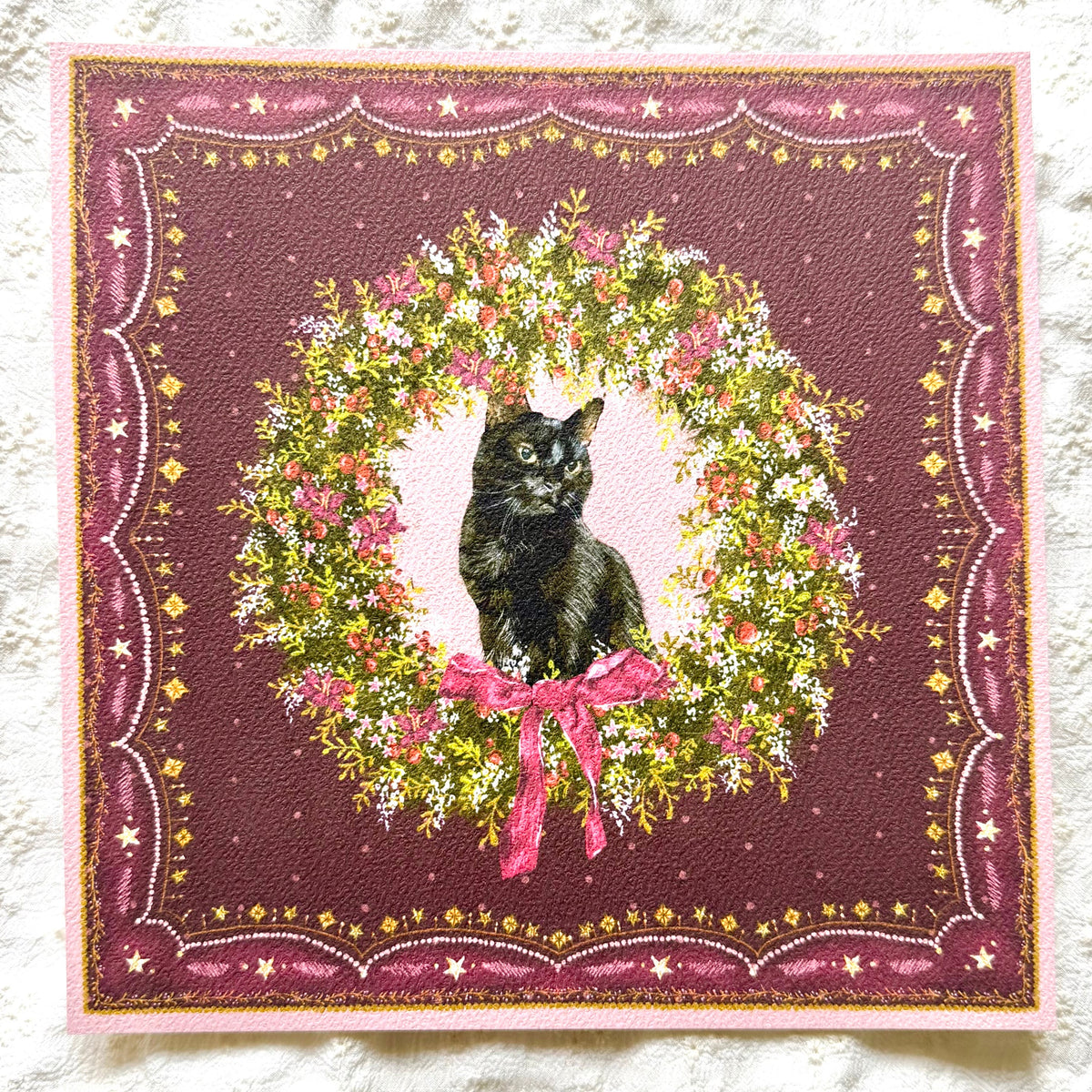 "Berry Wreath" Black Domestic Shorthair Cat Christmas Art Print