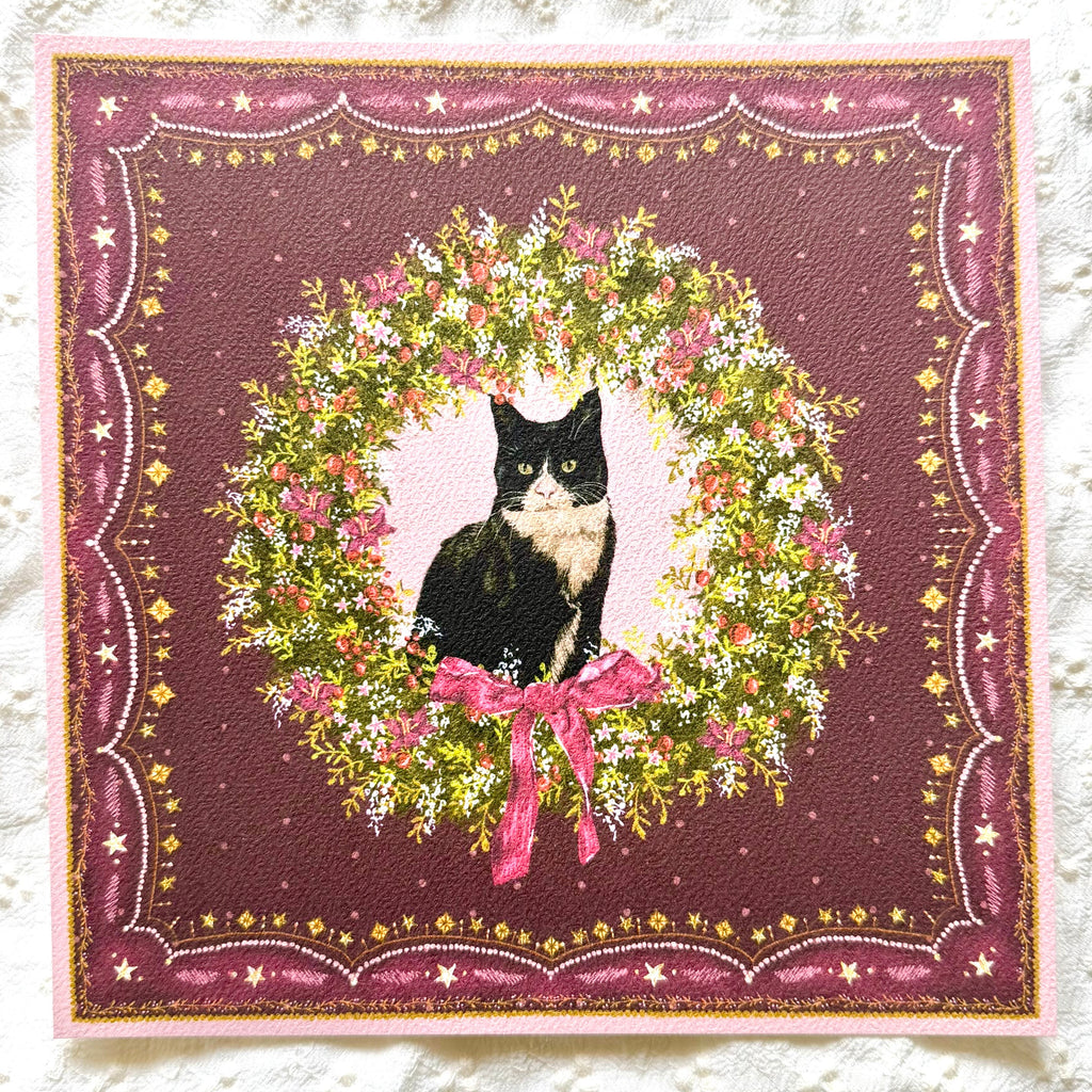 "Berry Wreath" Black & White Tuxedo Domestic Shorthair Cat Christmas Art Print