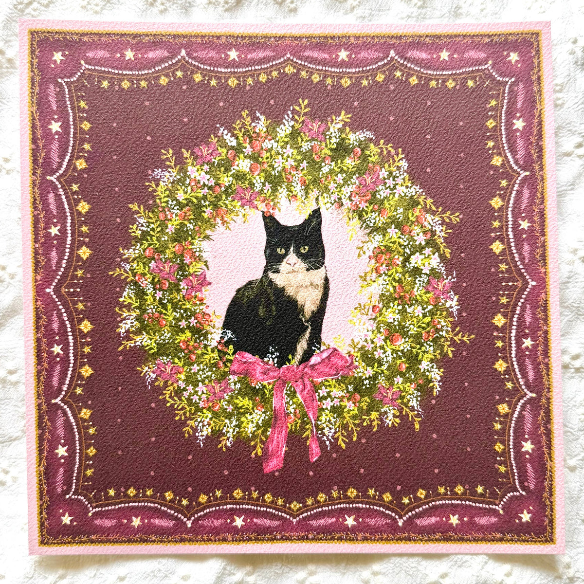 "Berry Wreath" Black & White Tuxedo Domestic Shorthair Cat Christmas Art Print