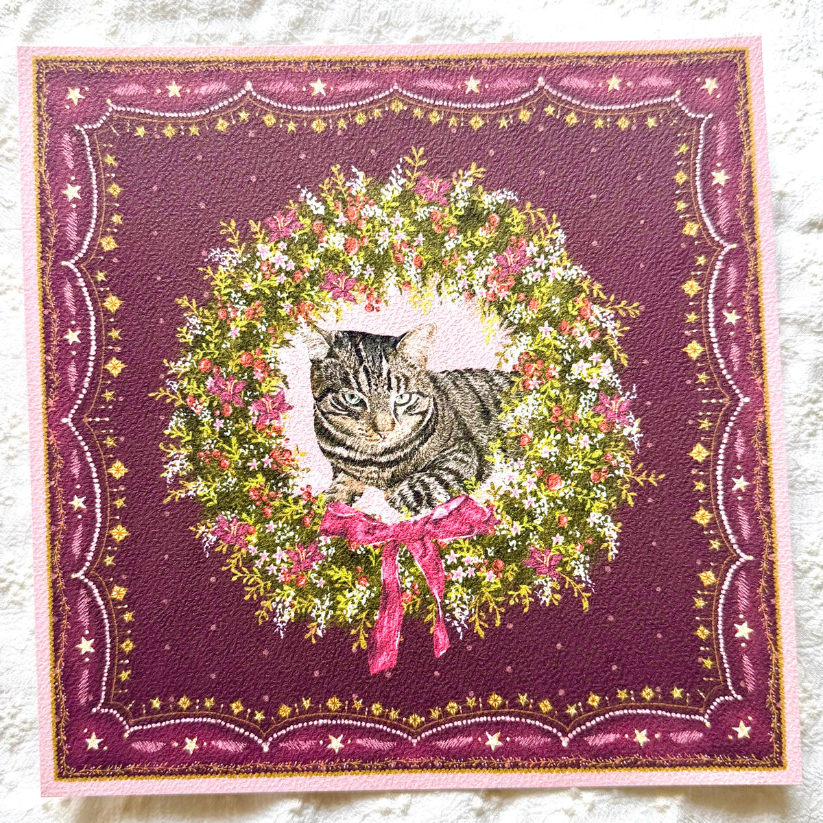 "Berry Wreath" Brown Tabby Domestic Shorthair Cat Christmas Art Print