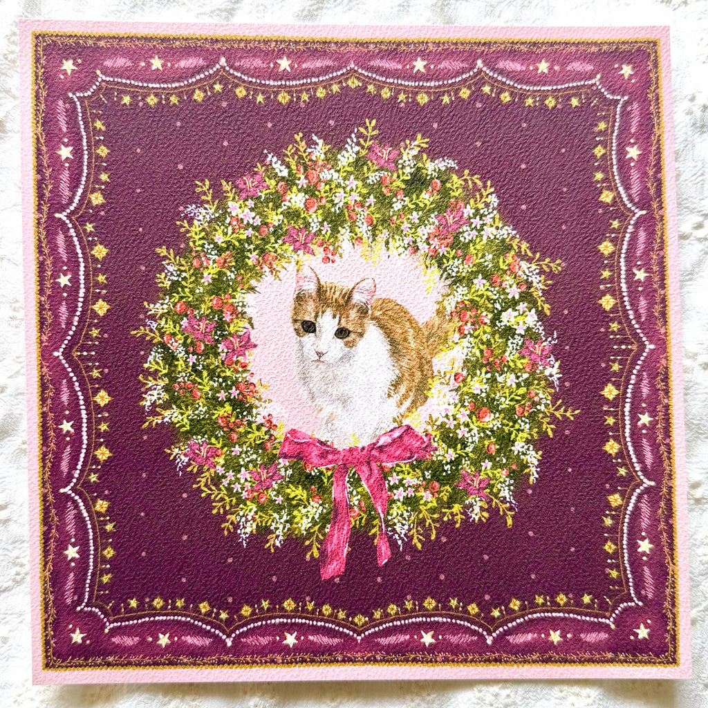 "Berry Wreath" Ginger & White Tabby Domestic Shorthair Cat Christmas Art Print