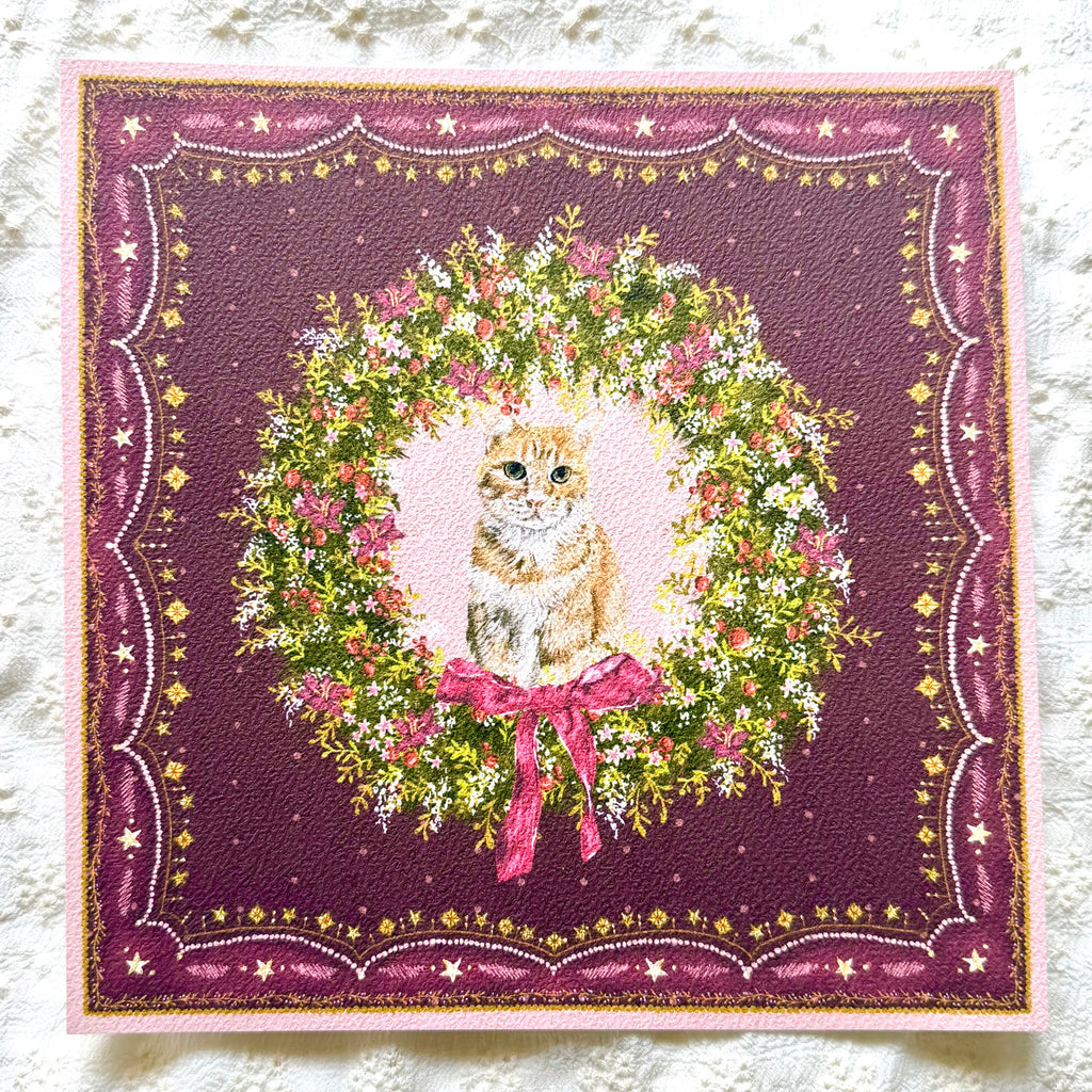"Berry Wreath" Orange Tabby Domestic Shorthair Cat Christmas Art Print