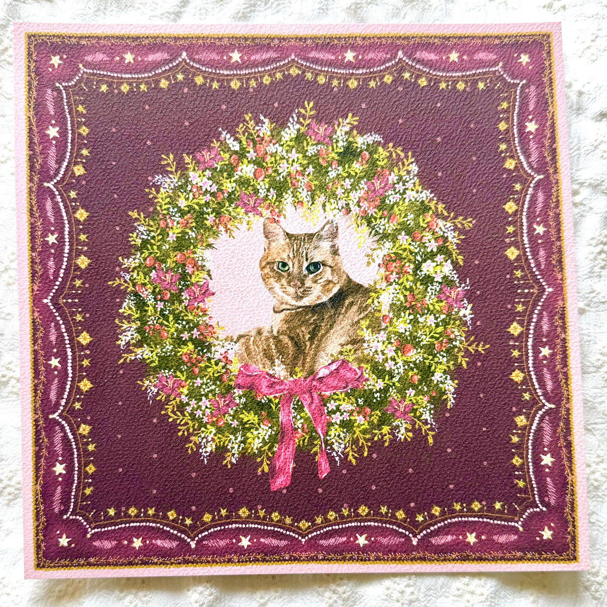 "Berry Wreath" Ginger Tabby Domestic Shorthair Cat Christmas Art Print