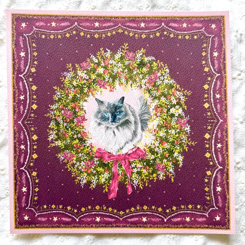 "Berry Wreath" Blue Point Ragdoll Cat Christmas Art Print