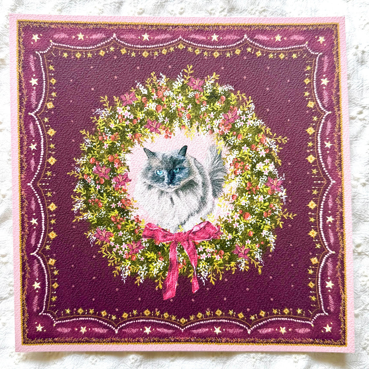 "Berry Wreath" Blue Point Ragdoll Cat Christmas Art Print
