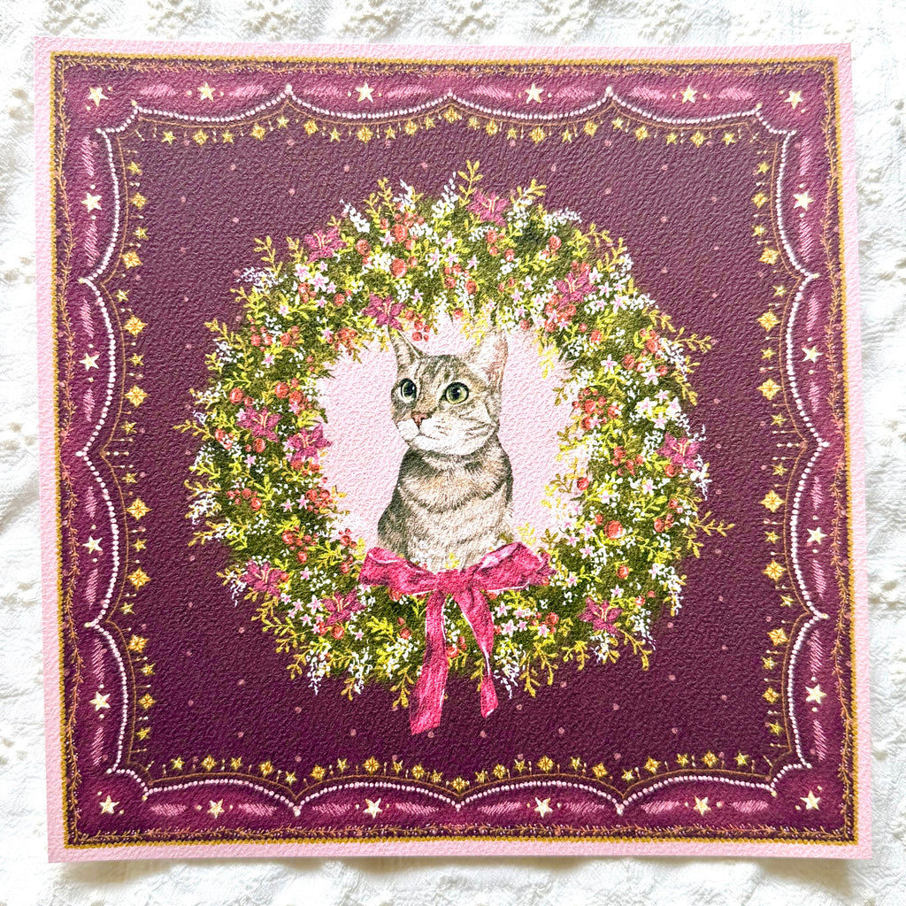 "Berry Wreath" Brown Tabby Domestic Shorthair Cat #2 Christmas Art Print