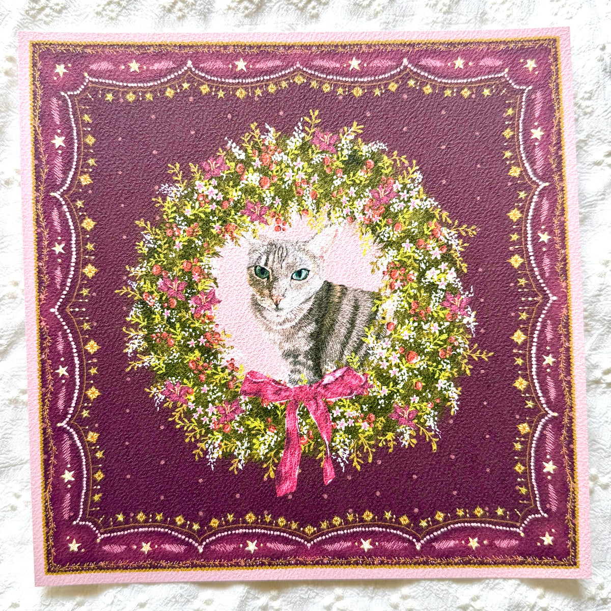 "Berry Wreath" Brown Mackerel Domestic Shorthair Cat Christmas Art Print