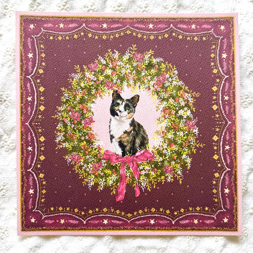 "Berry Wreath" Black, White & Orange Calico Domestic Shorthair Cat Christmas Art Print