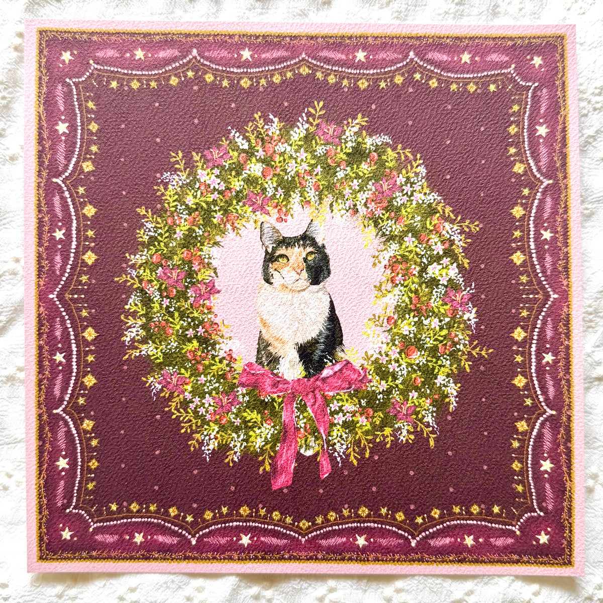 "Berry Wreath" Black, White & Orange Calico Domestic Shorthair Cat #2 Christmas Art Print