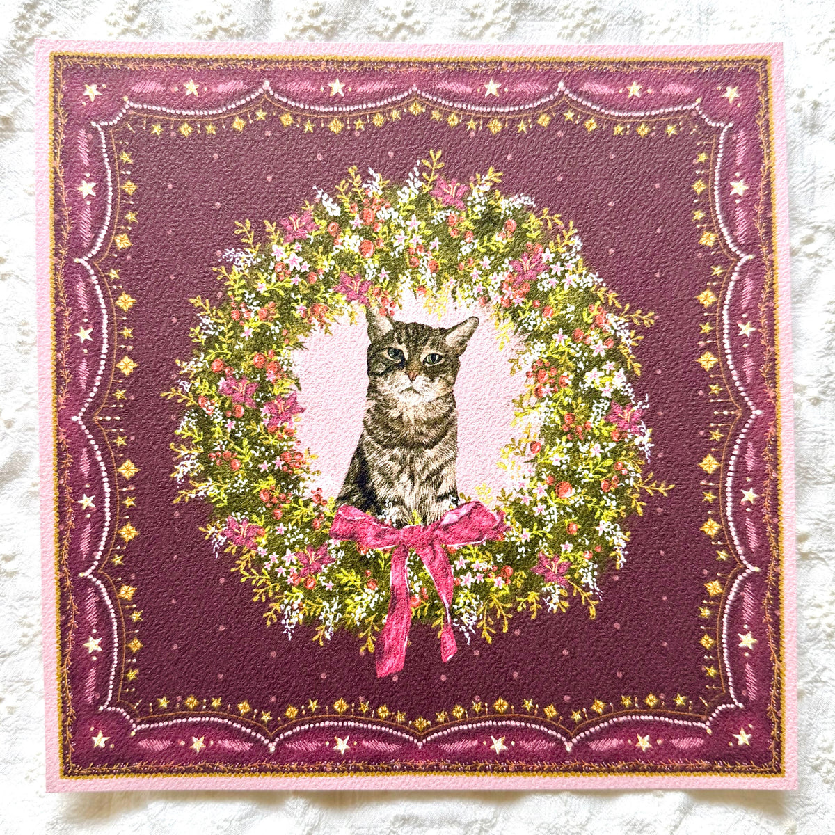 "Berry Wreath" Brown Mackerel Domestic Shorthair Cat #2 Christmas Art Print