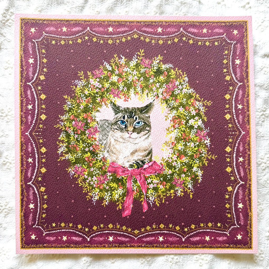 "Berry Wreath" Lynx Point Siamese Cat Christmas Art Print