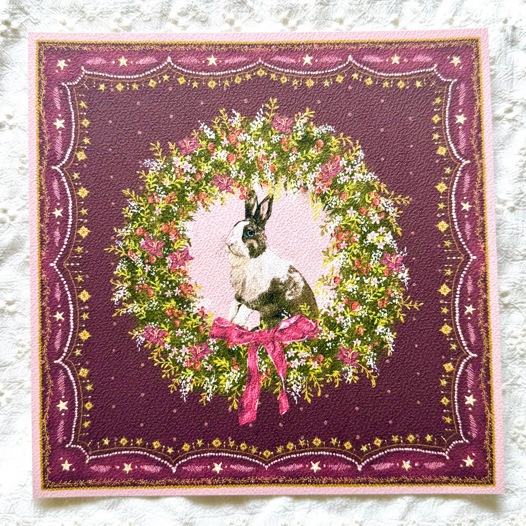 "Berry Wreath" Chocolate & White Dutch Rabbit Christmas Art Print