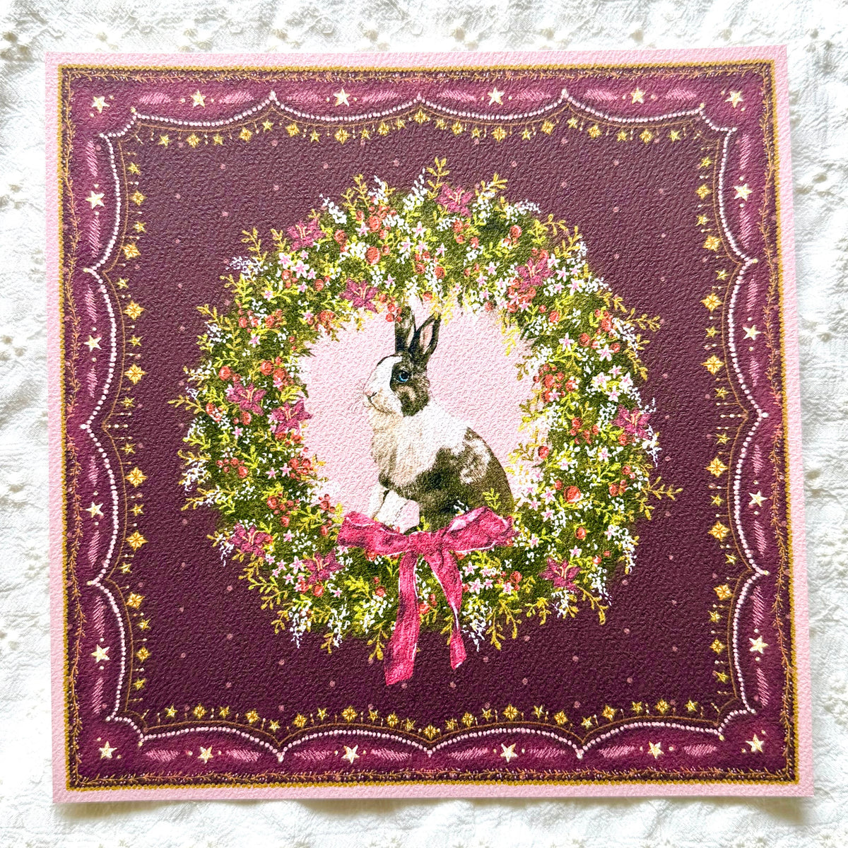 "Berry Wreath" Chocolate & White Dutch Rabbit Christmas Art Print