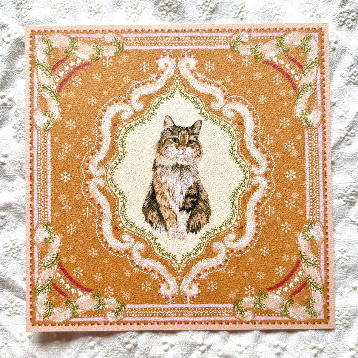 "Gingerbread Cookie" Brown Tabby & White Domestic Long-Haired Cat Christmas Art Print