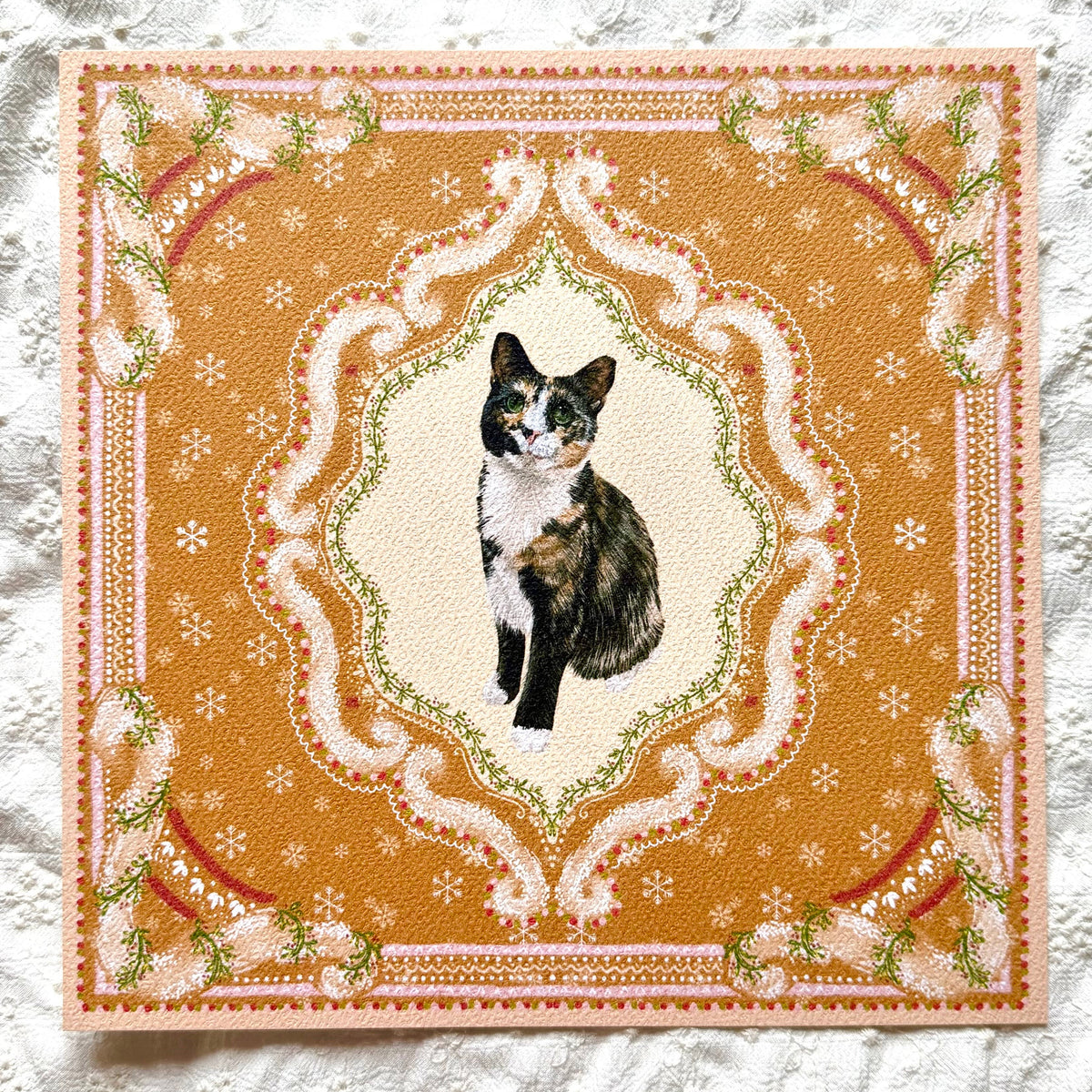 "Gingerbread Cookie" Black, White & Orange Calico Domestic Shorthair Cat Christmas Art Print