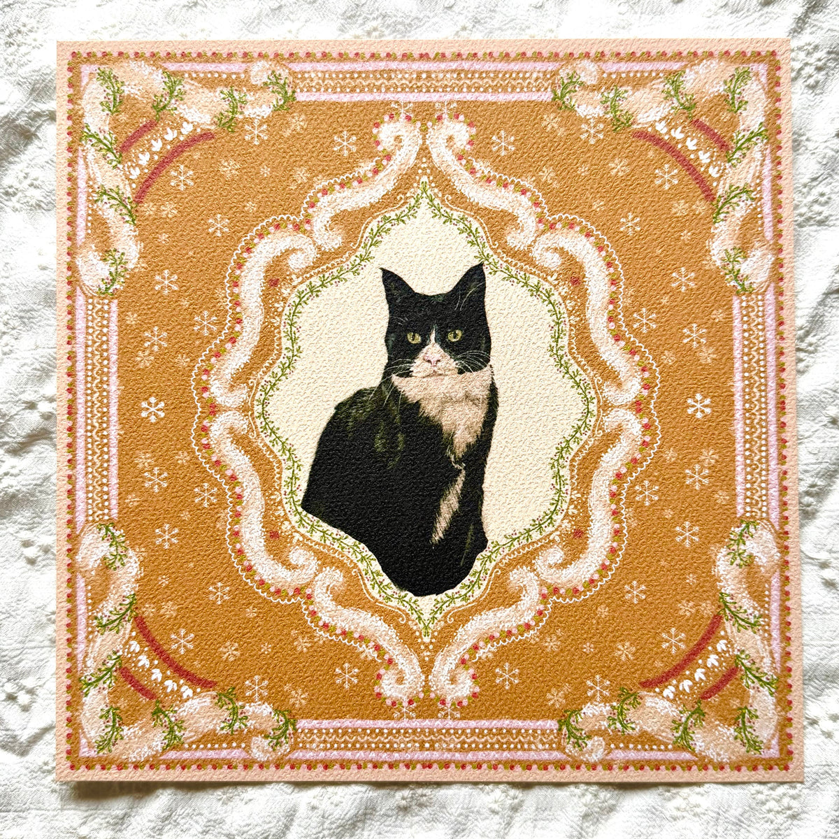 "Gingerbread Cookie" Black & White Tuxedo Domestic Shorthair Cat Christmas Art Print