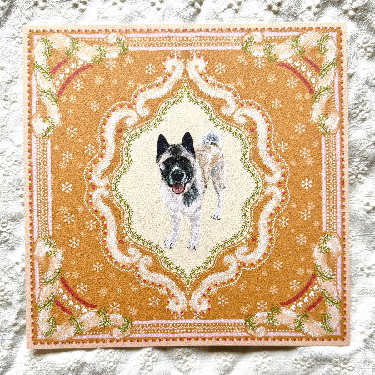"Gingerbread Cookie" Silver & White (with Black Mask) American Akita Christmas Art Print