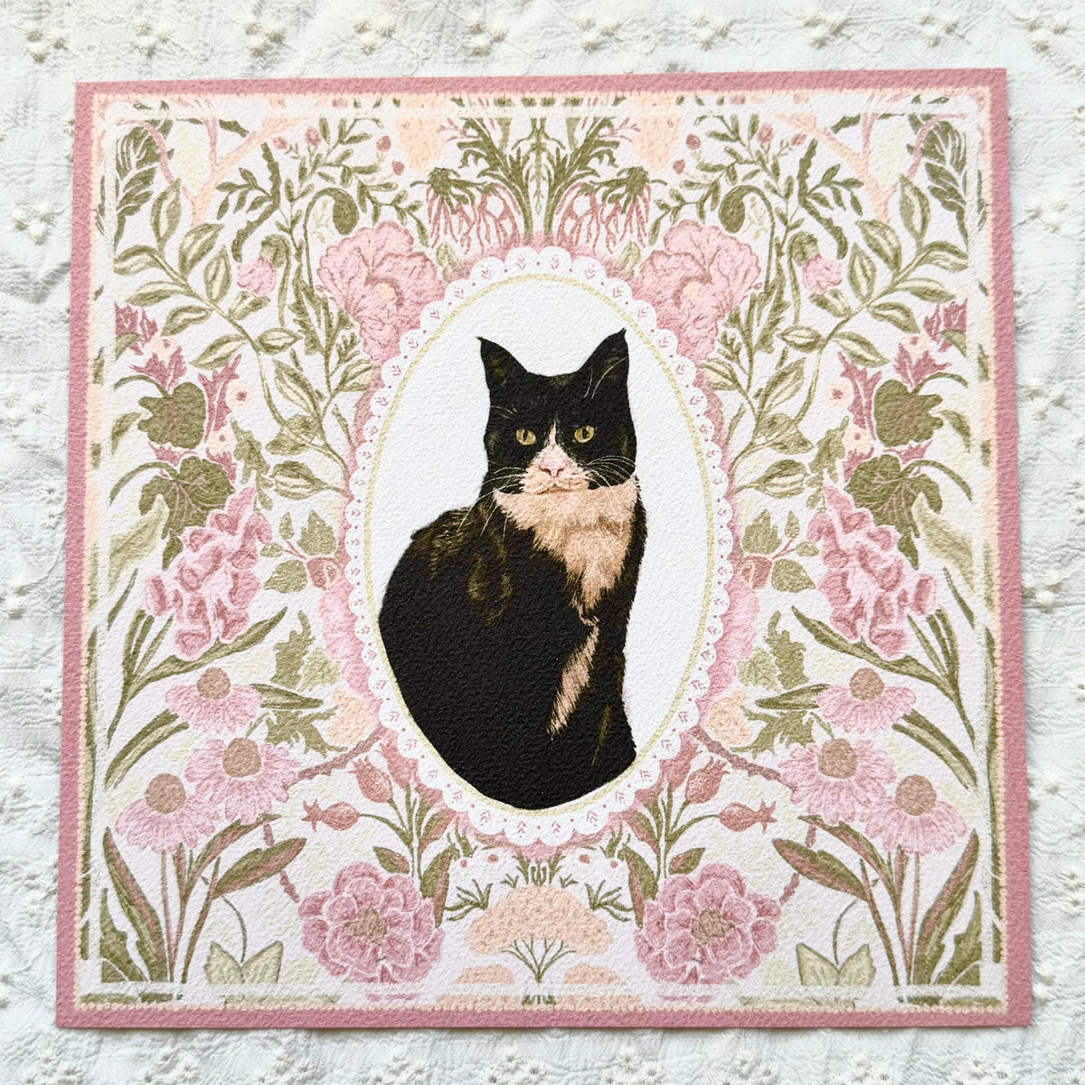 "Rosalie Wallpaper" Black & White Tuxedo Domestic Shorthair Cat Art Print