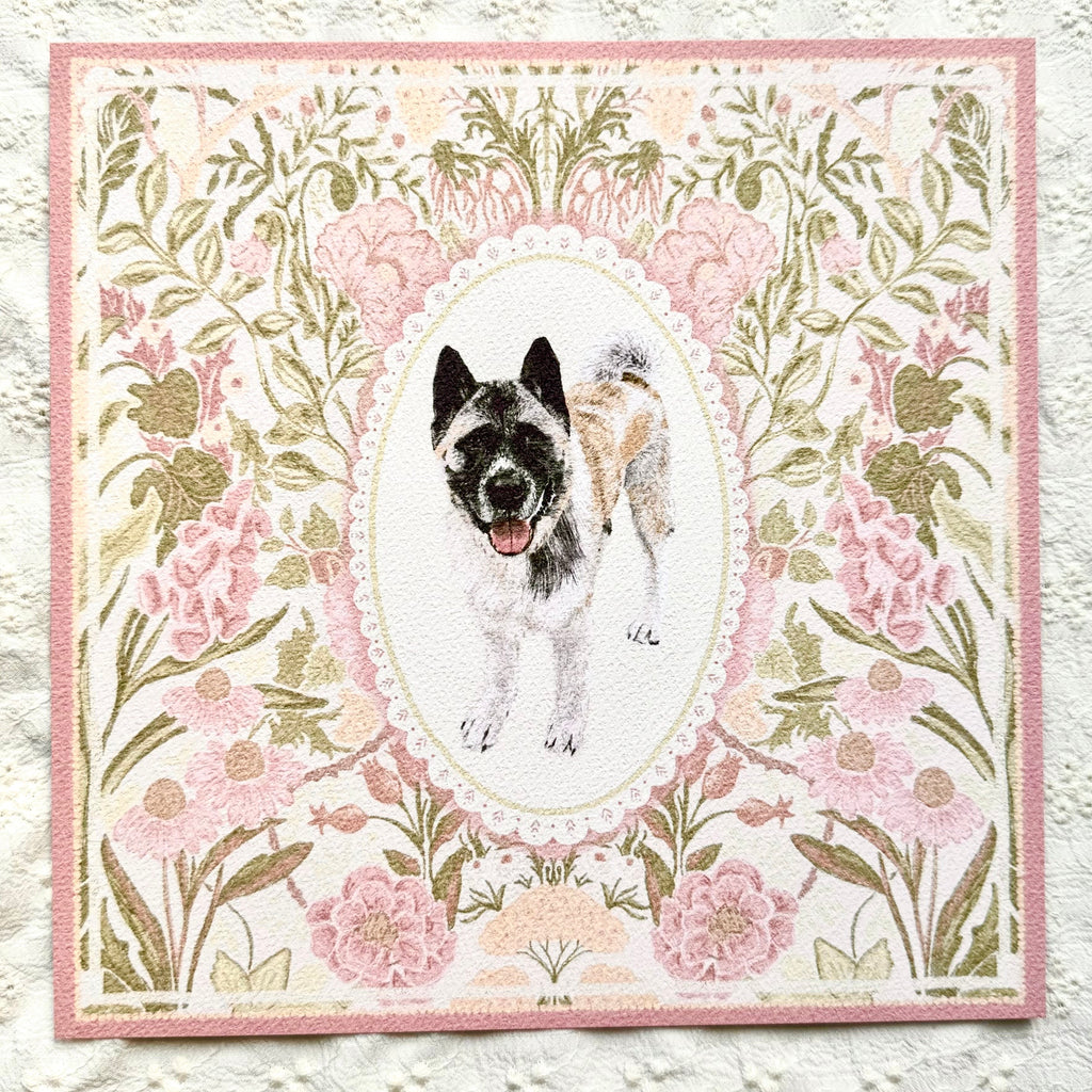 "Rosalie Wallpaper" Silver & White (with Black Mask) American Akita Art Print