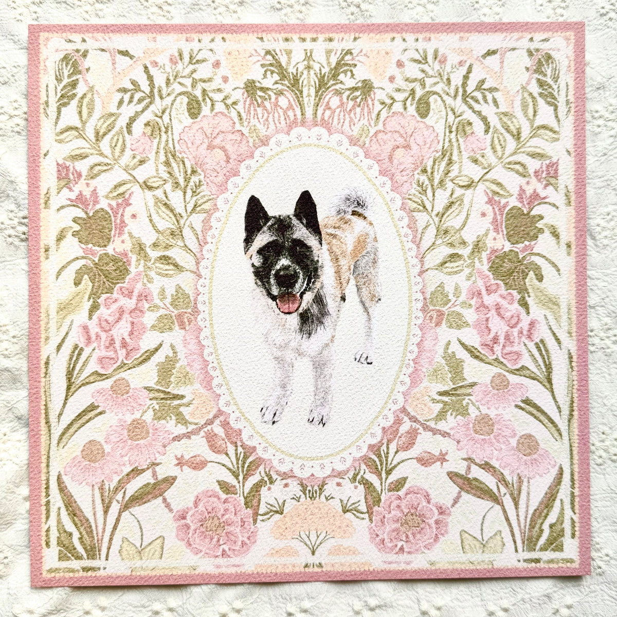 "Rosalie Wallpaper" Silver & White (with Black Mask) American Akita Art Print
