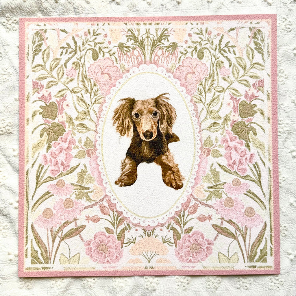 "Rosalie Wallpaper" Chocolate Dapple Long-Haired Dachshund Art Print