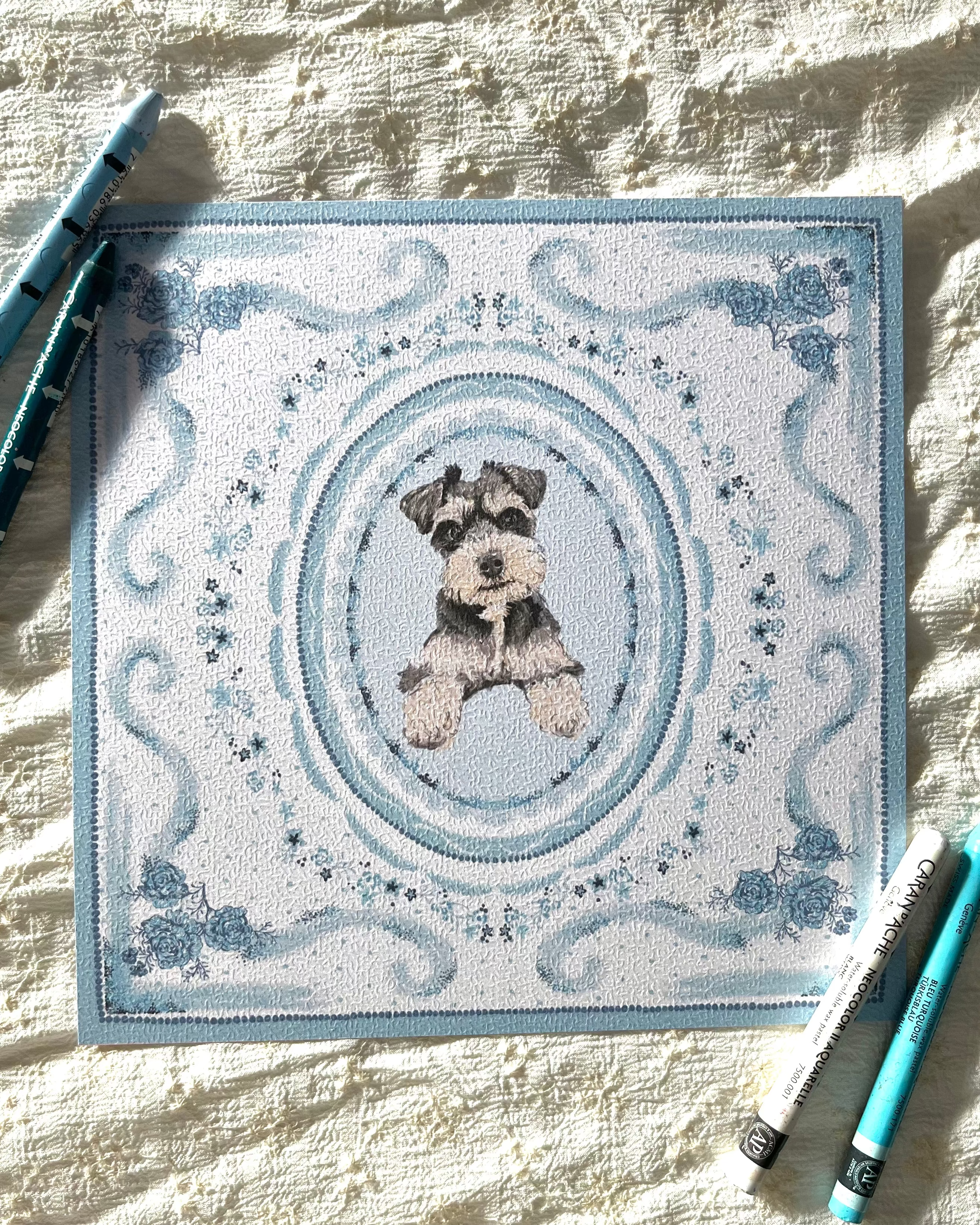 "Azure Porcelain" Hand-Illustrated Personalised Pet Portrait Print