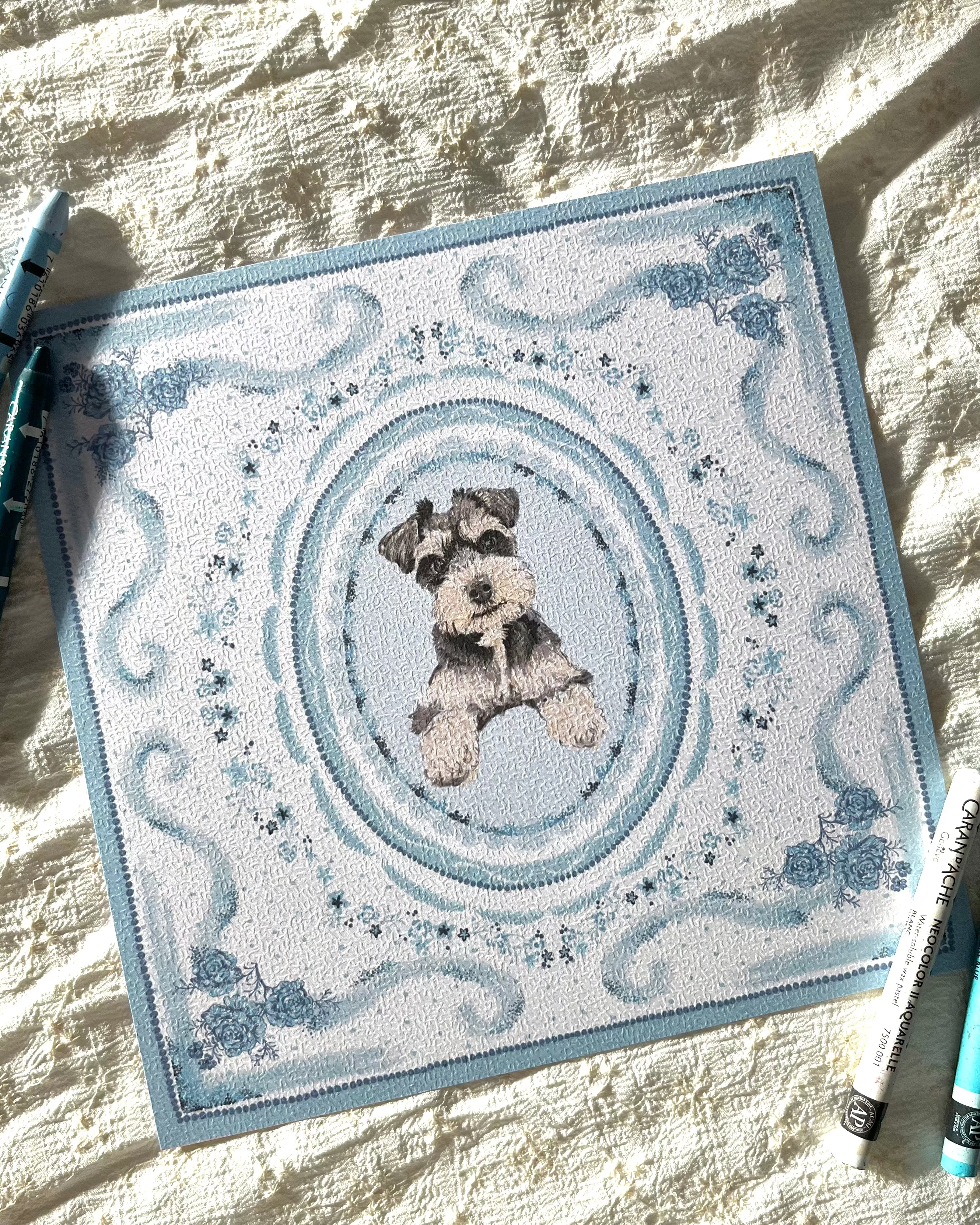 "Azure Porcelain" Hand-Illustrated Personalised Pet Portrait Print