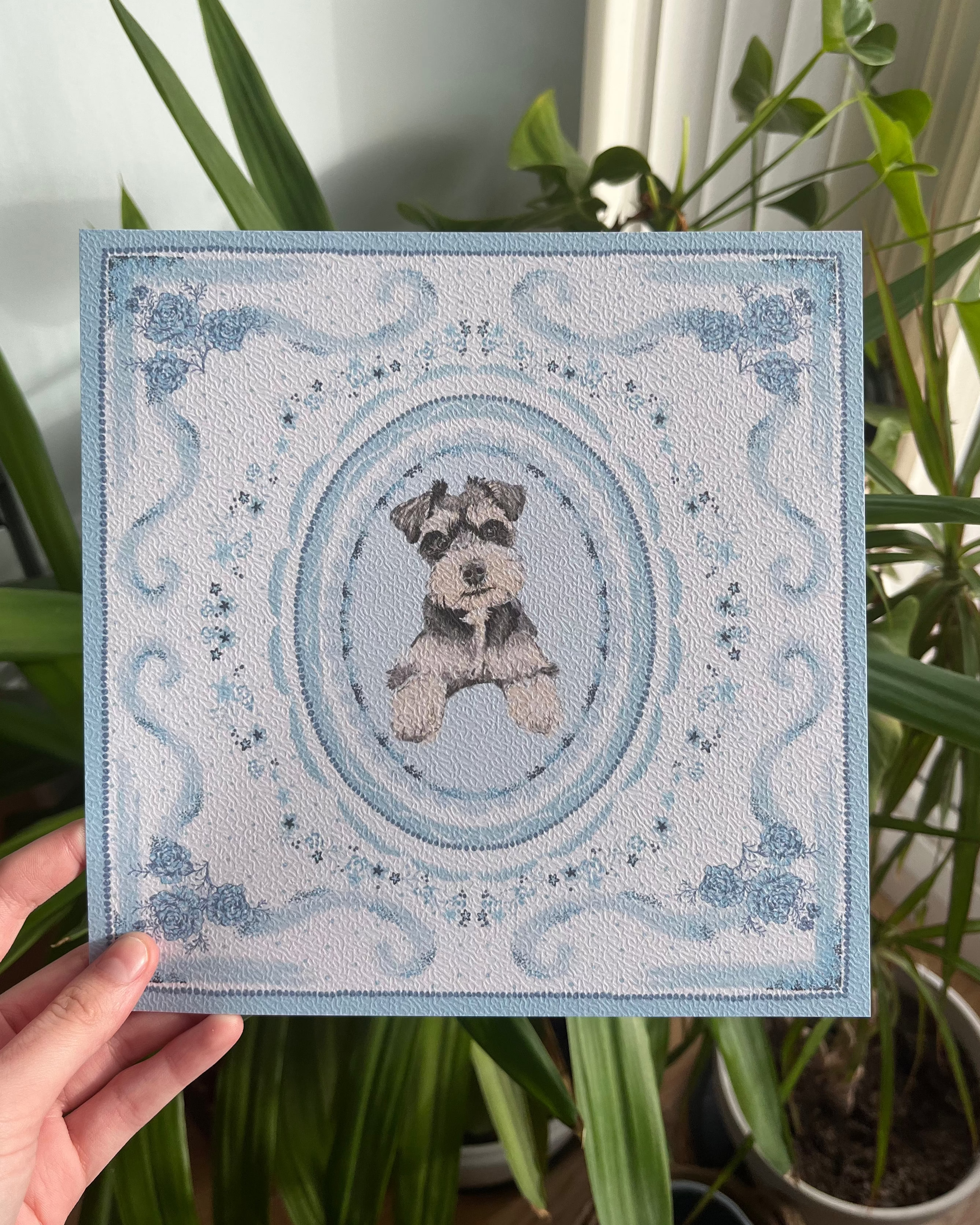 "Azure Porcelain" Hand-Illustrated Personalised Pet Portrait Print