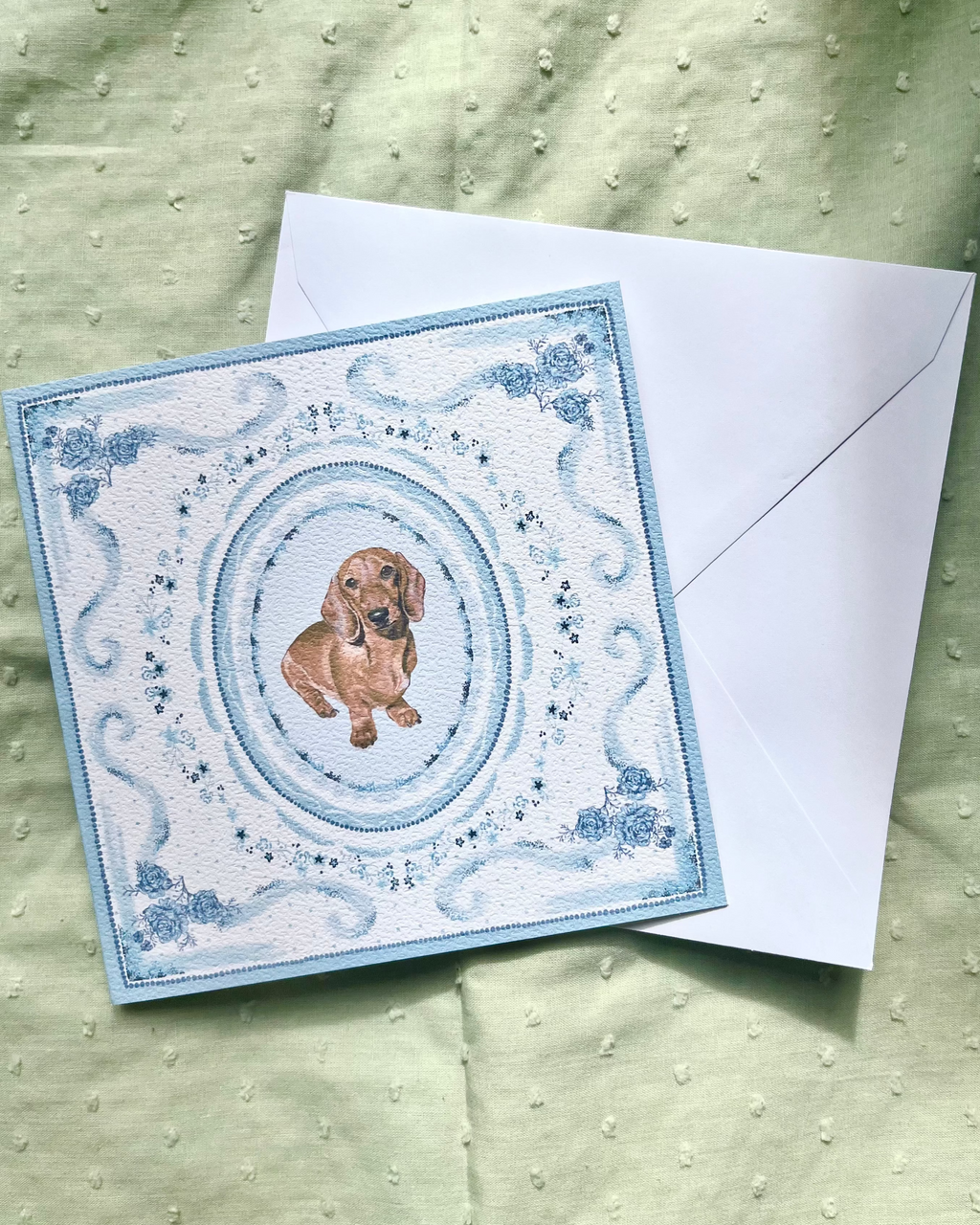 "Azure Porcelain" Miniature Red Smooth-Haired Dachshund Greeting Card