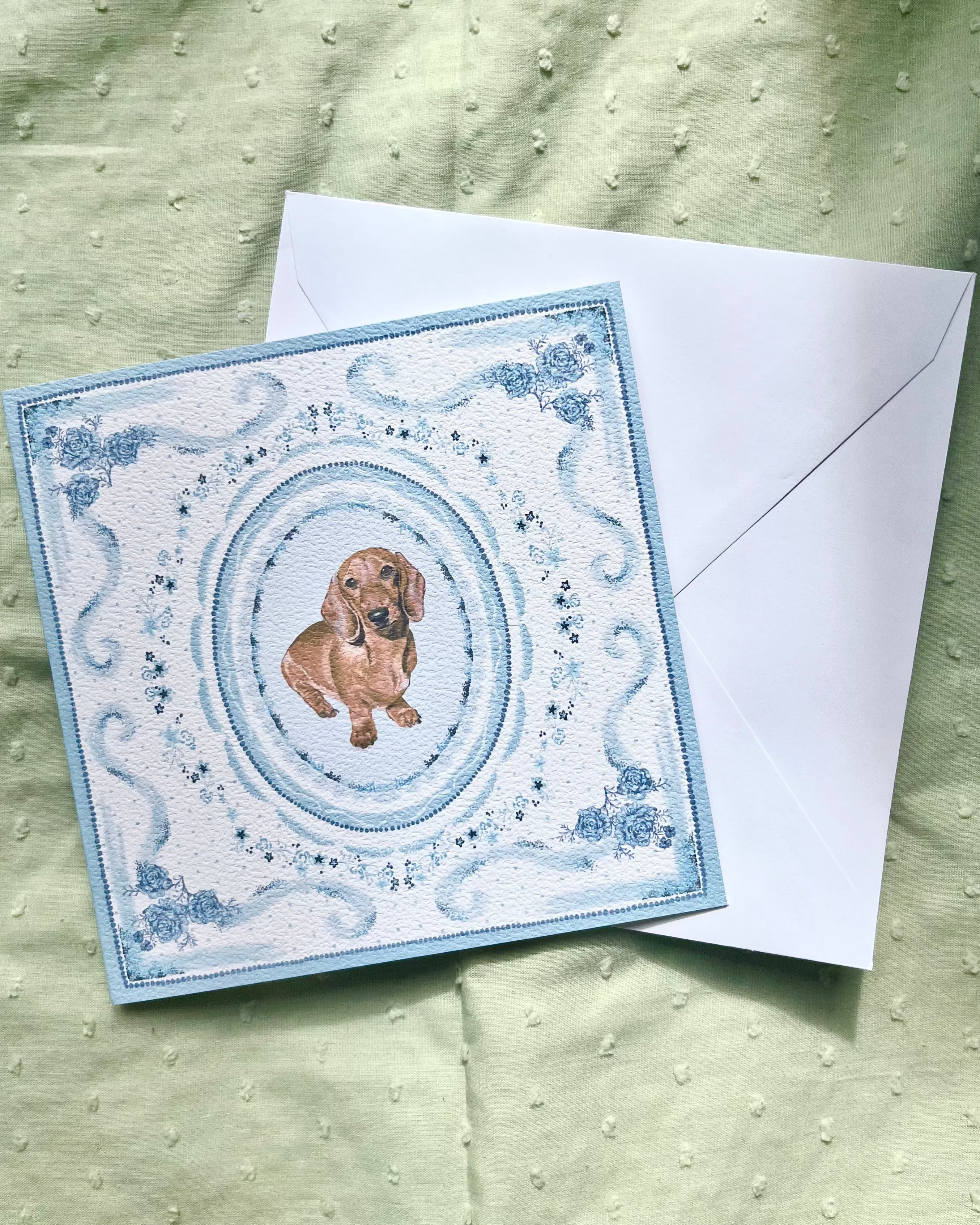 "Azure Porcelain" Miniature Red Smooth-Haired Dachshund Greeting Card