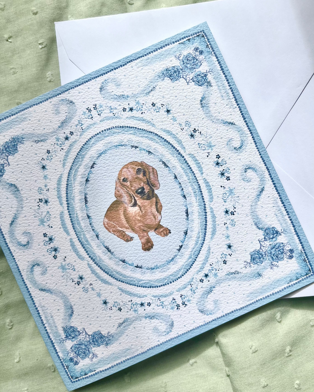 "Azure Porcelain" Miniature Red Smooth-Haired Dachshund Greeting Card
