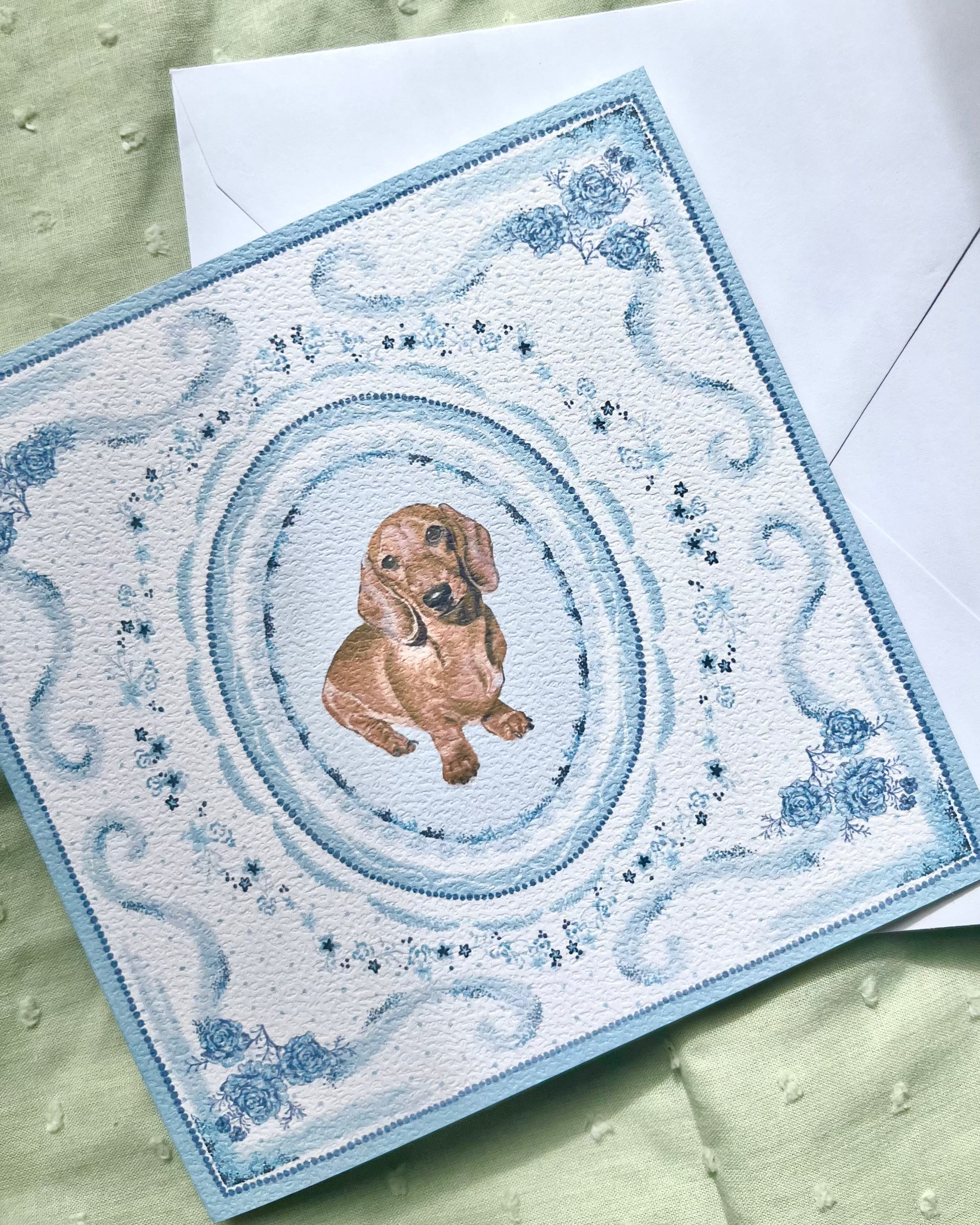 "Azure Porcelain" Miniature Red Smooth-Haired Dachshund Greeting Card