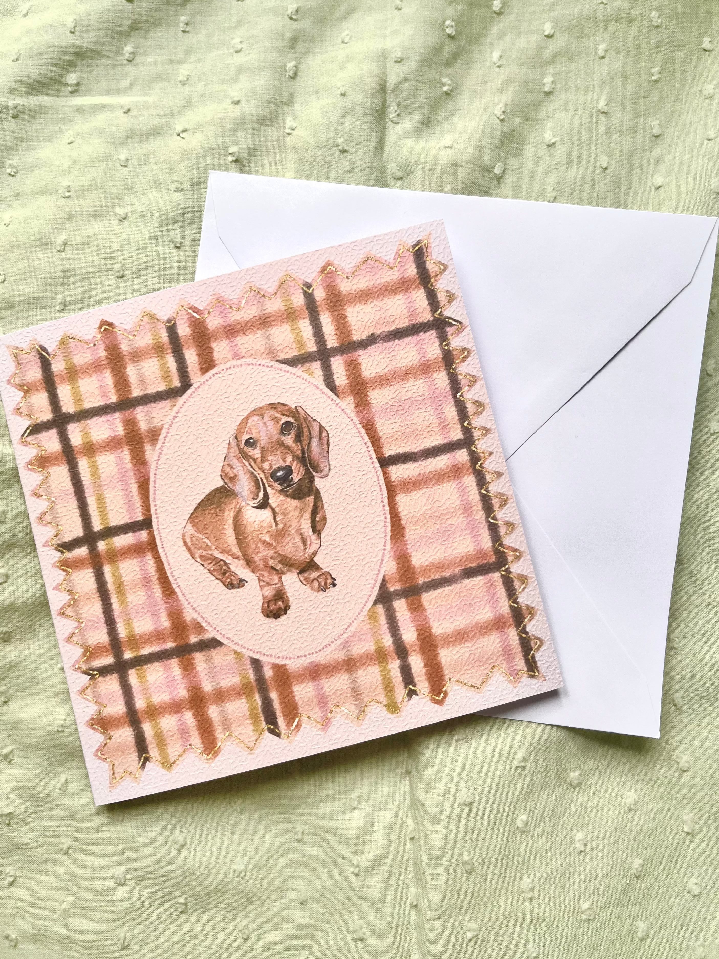 "Auburn Plaid" Miniature Red Smooth-Haired Dachshund Greeting Card