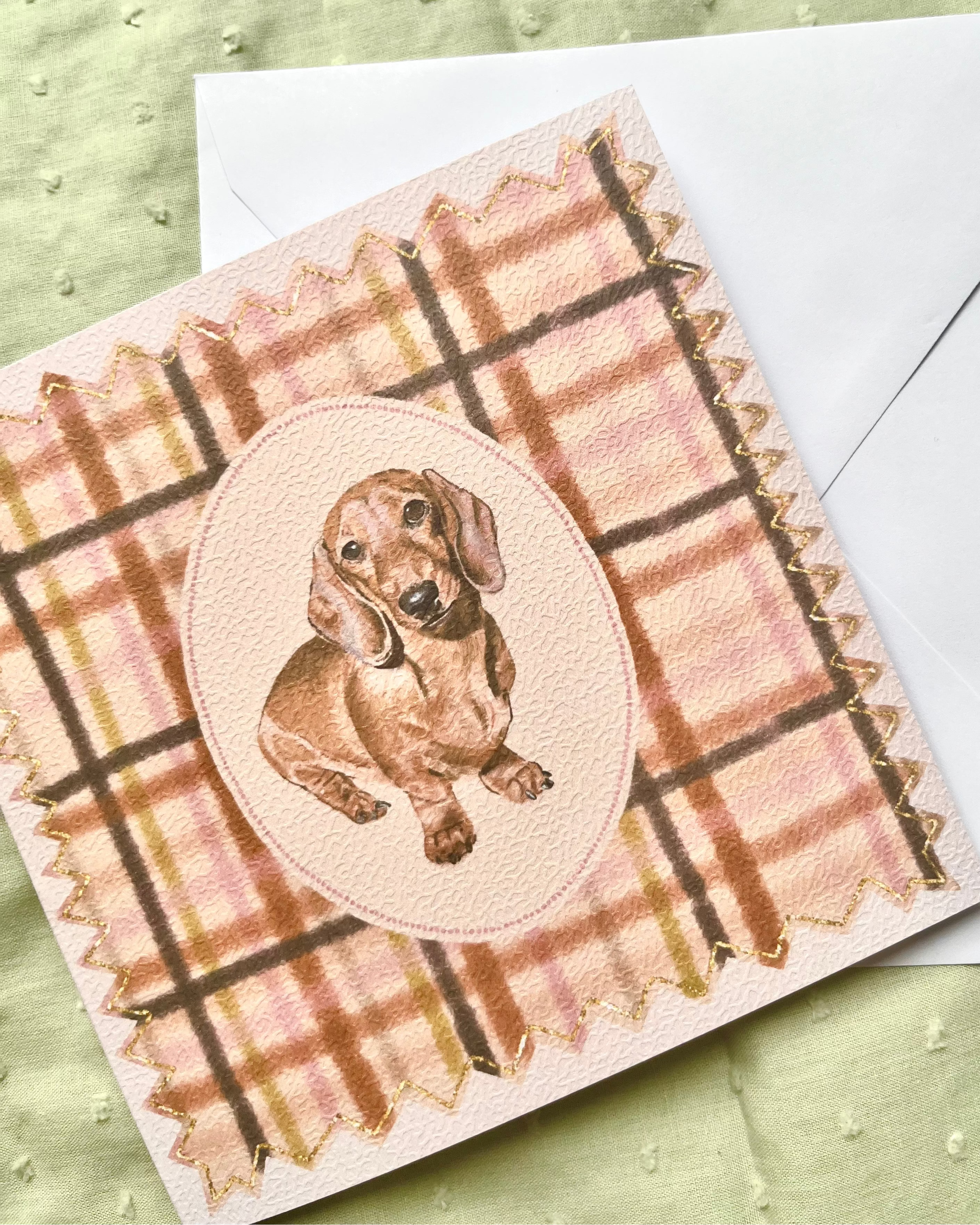 "Auburn Plaid" Miniature Red Smooth-Haired Dachshund Greeting Card