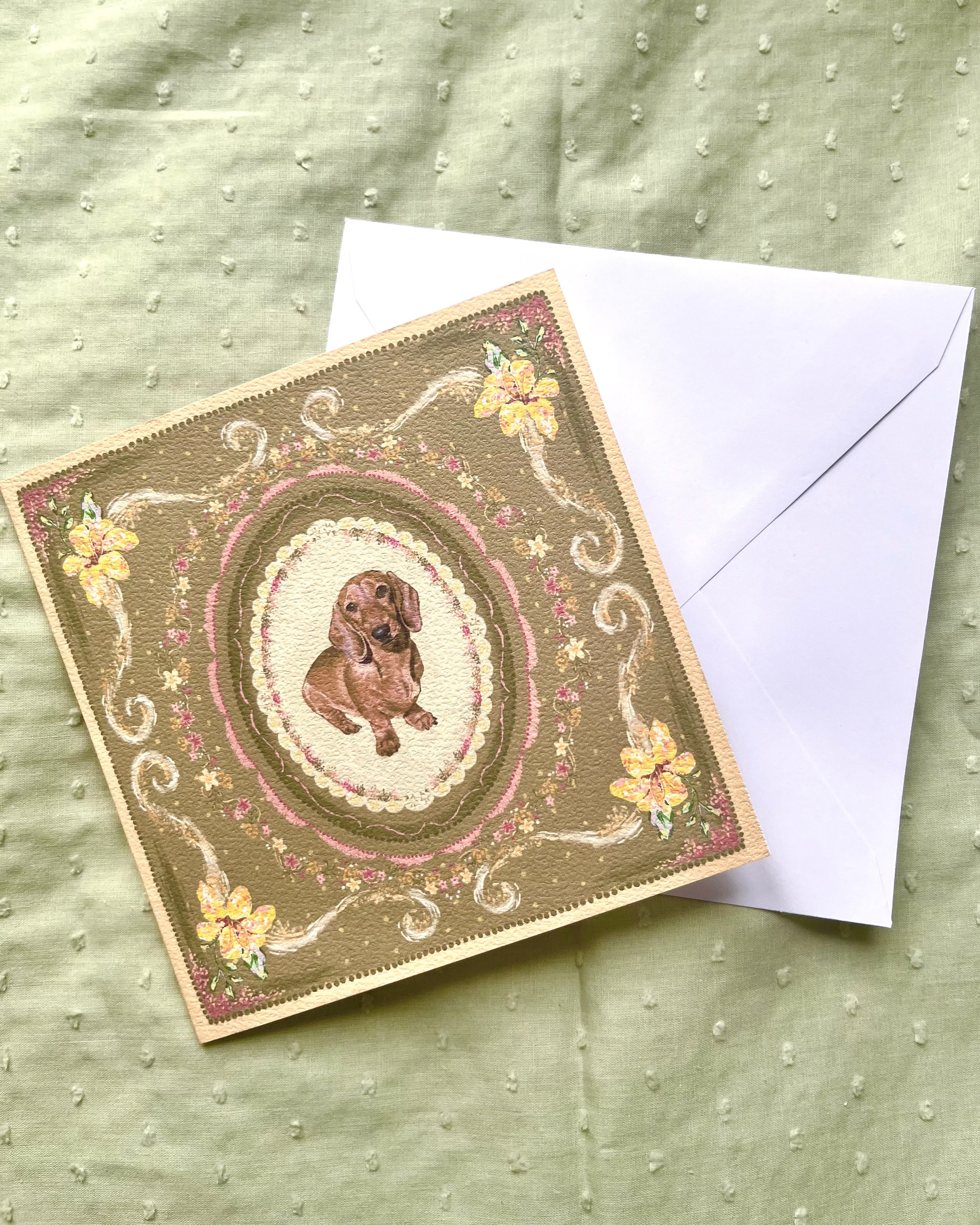 "Golden Reverie" Miniature Red Smooth-Haired Dachshund Greeting Card