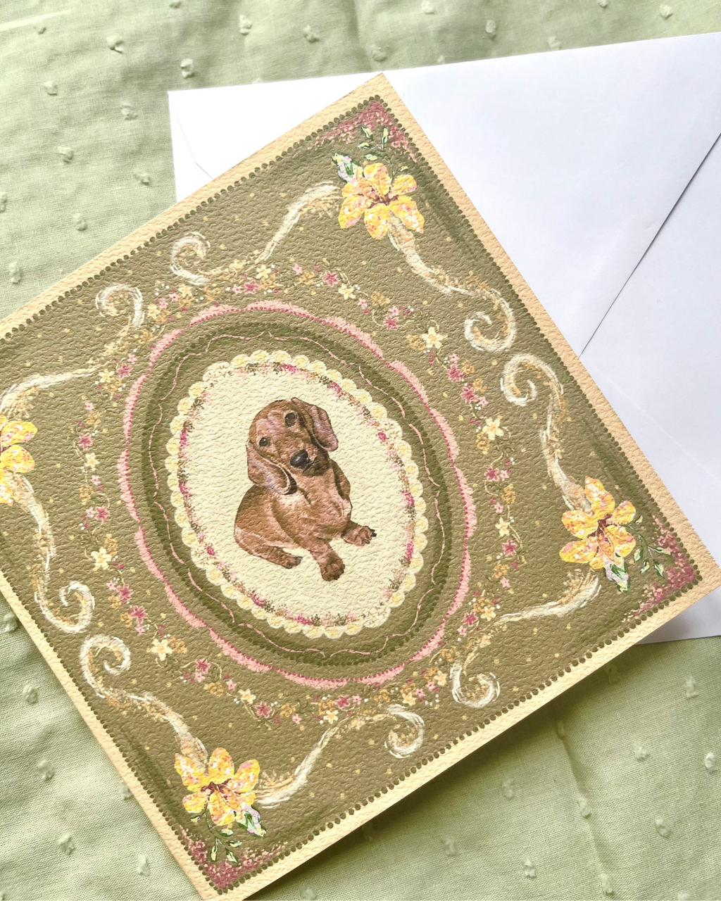 "Golden Reverie" Miniature Red Smooth-Haired Dachshund Greeting Card