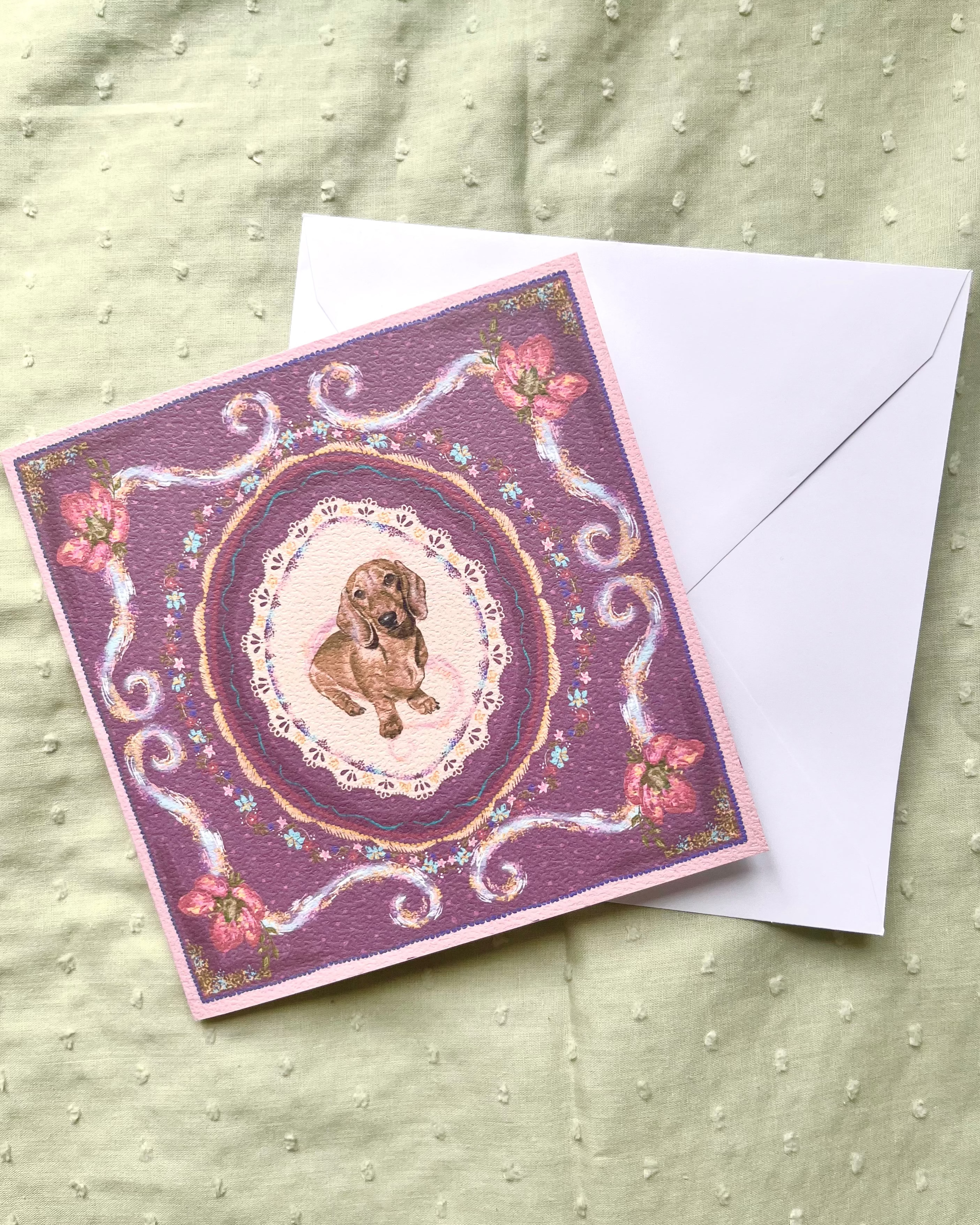 "Amethyst Reverie" Miniature Red Smooth-Haired Dachshund Greeting Card