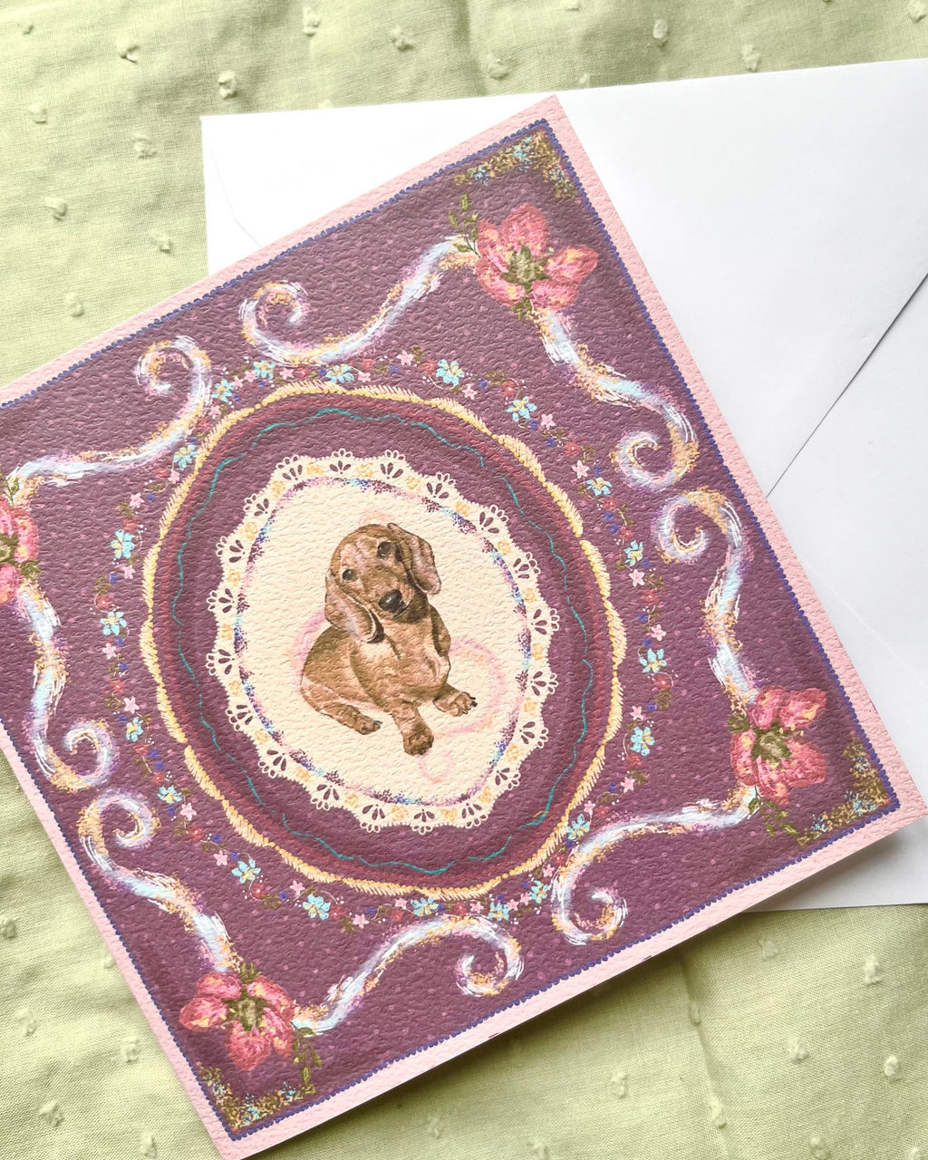 "Amethyst Reverie" Miniature Red Smooth-Haired Dachshund Greeting Card