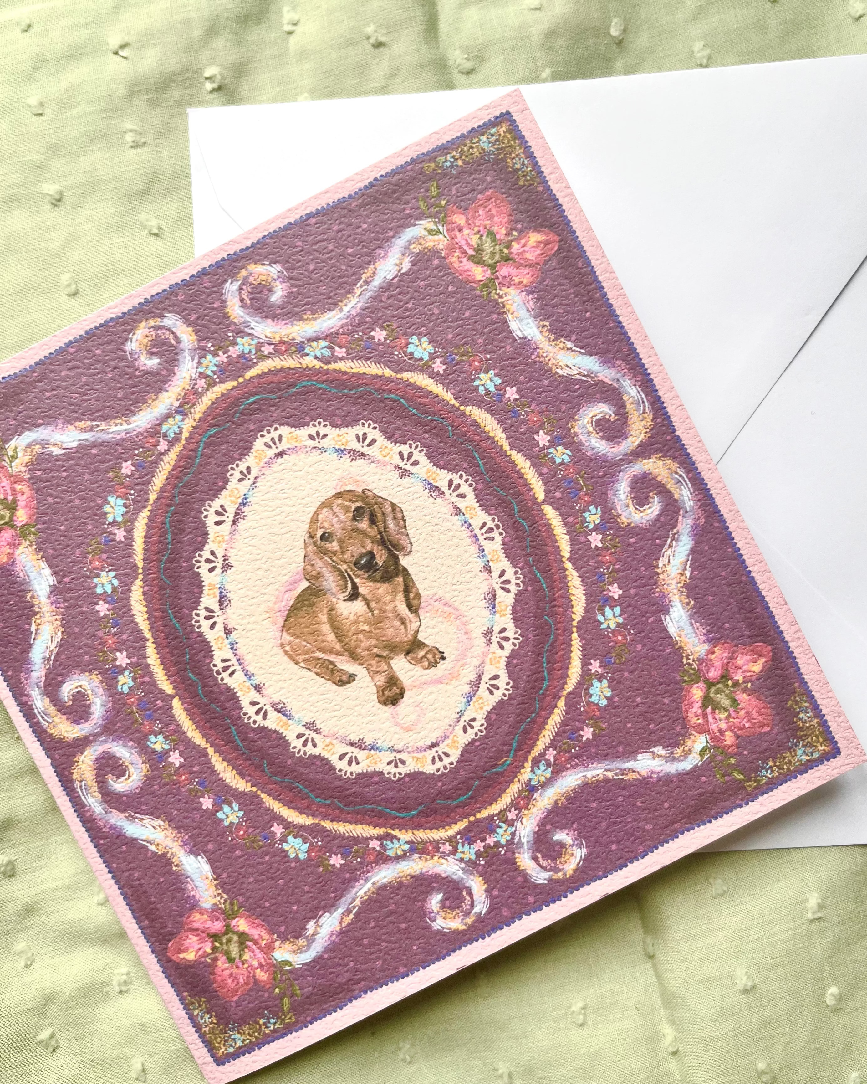 "Amethyst Reverie" Miniature Red Smooth-Haired Dachshund Greeting Card
