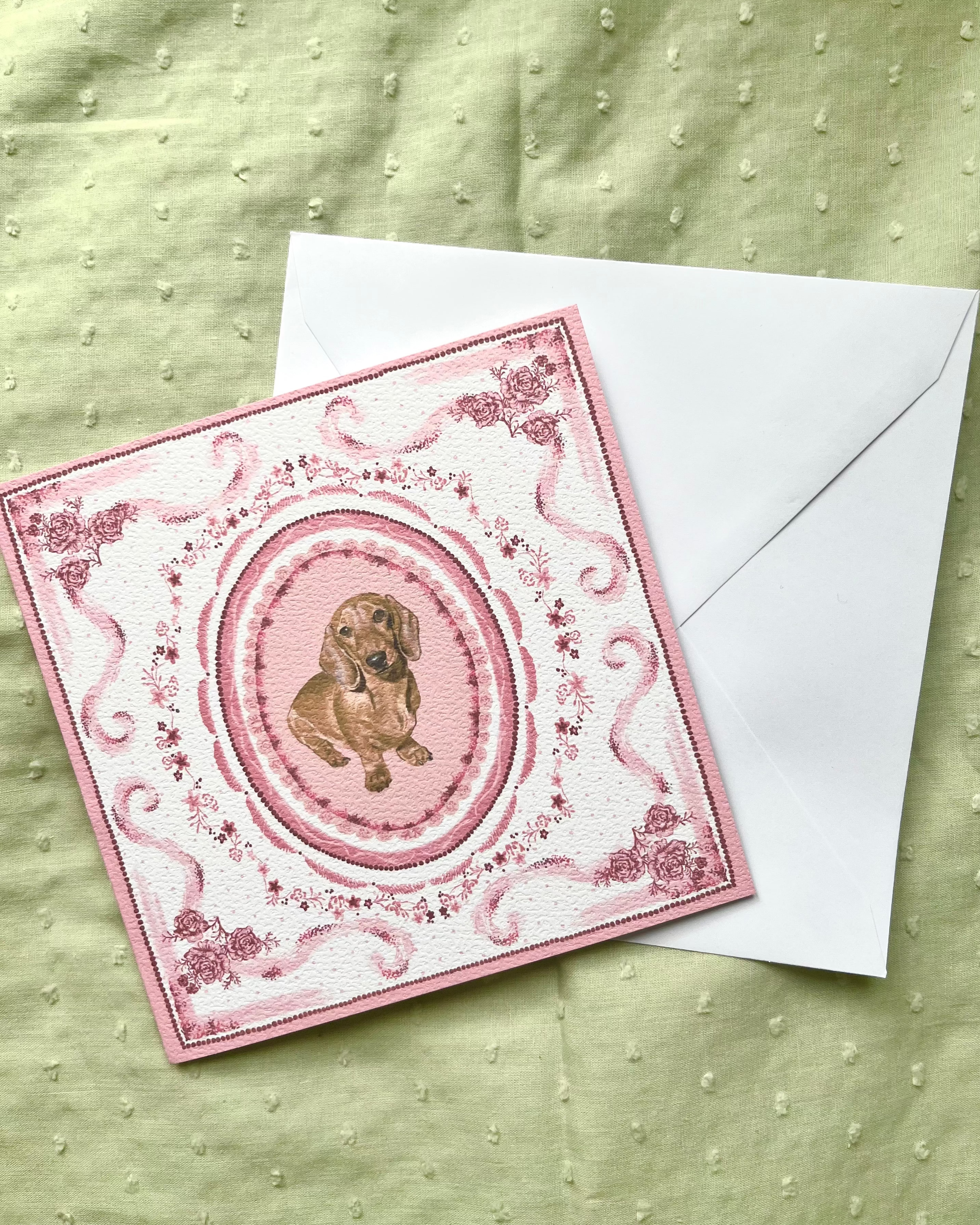 "Rosette Porcelain" Miniature Red Smooth-Haired Dachshund Greeting Card