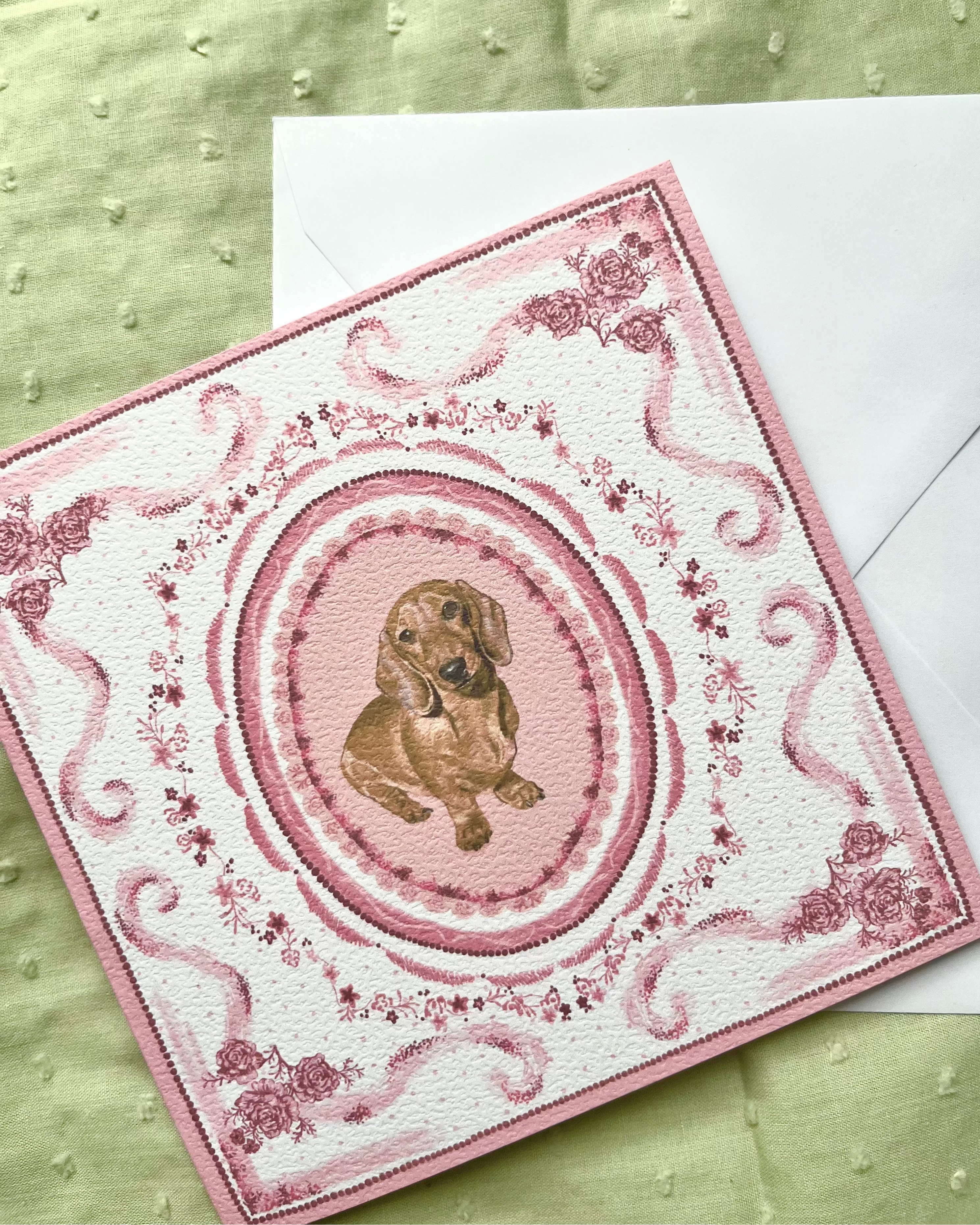 "Rosette Porcelain" Miniature Red Smooth-Haired Dachshund Greeting Card