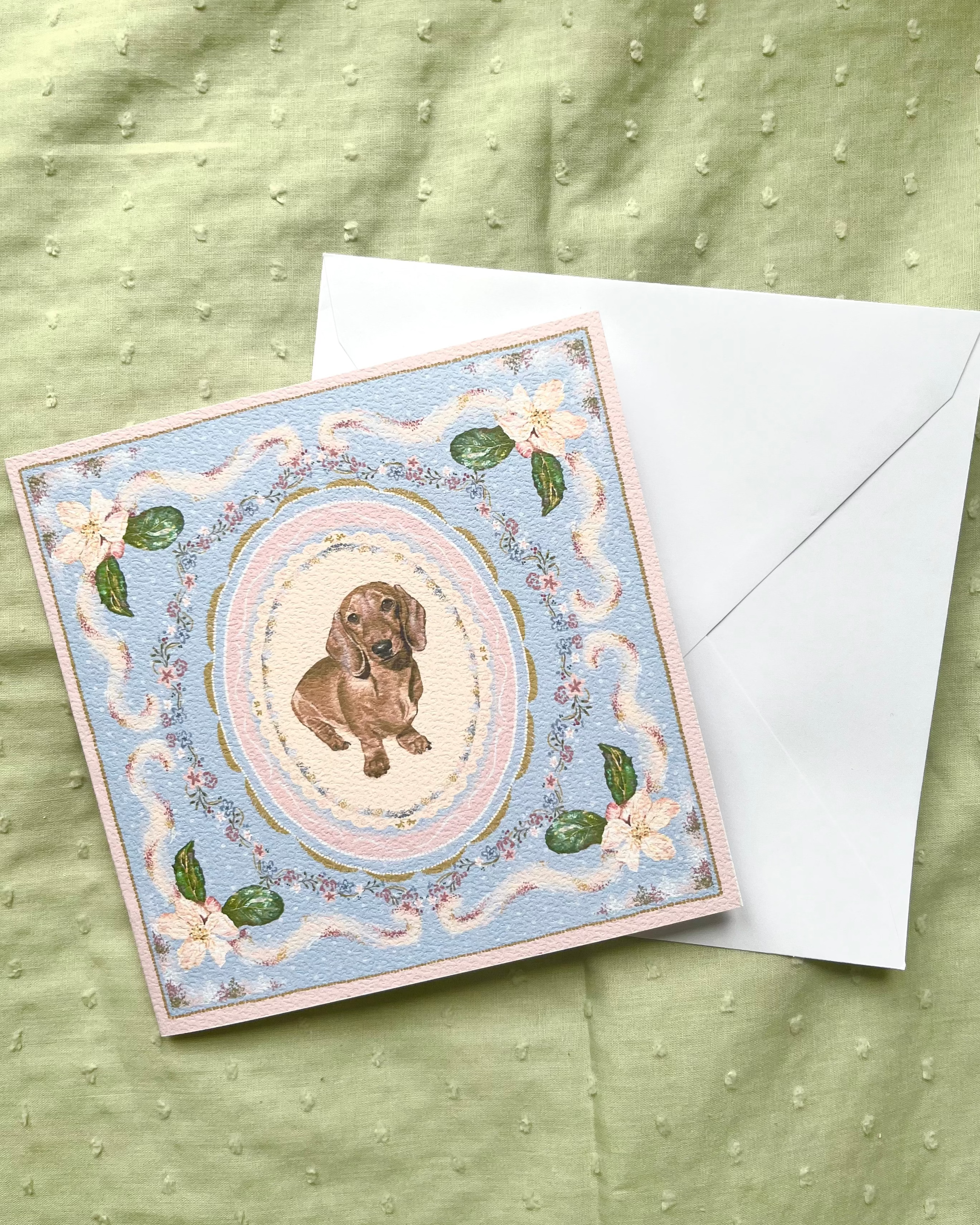 "Periwinkle Reverie" Miniature Red Smooth-Haired Dachshund Greeting Card