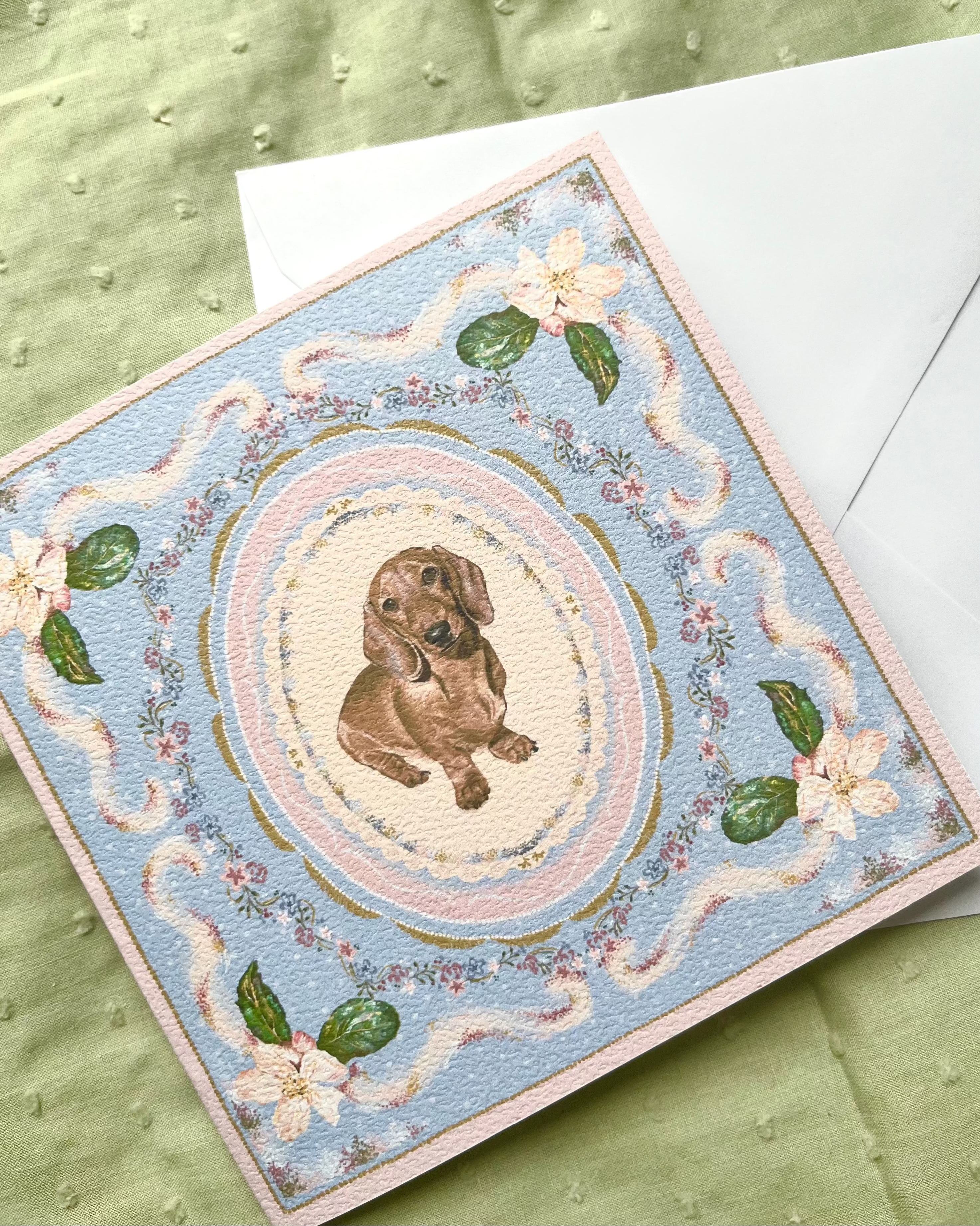 "Periwinkle Reverie" Miniature Red Smooth-Haired Dachshund Greeting Card