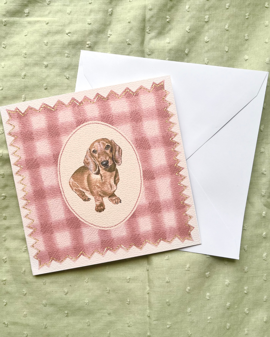 "Rose Gingham" Miniature Red Smooth-Haired Dachshund Greeting Card