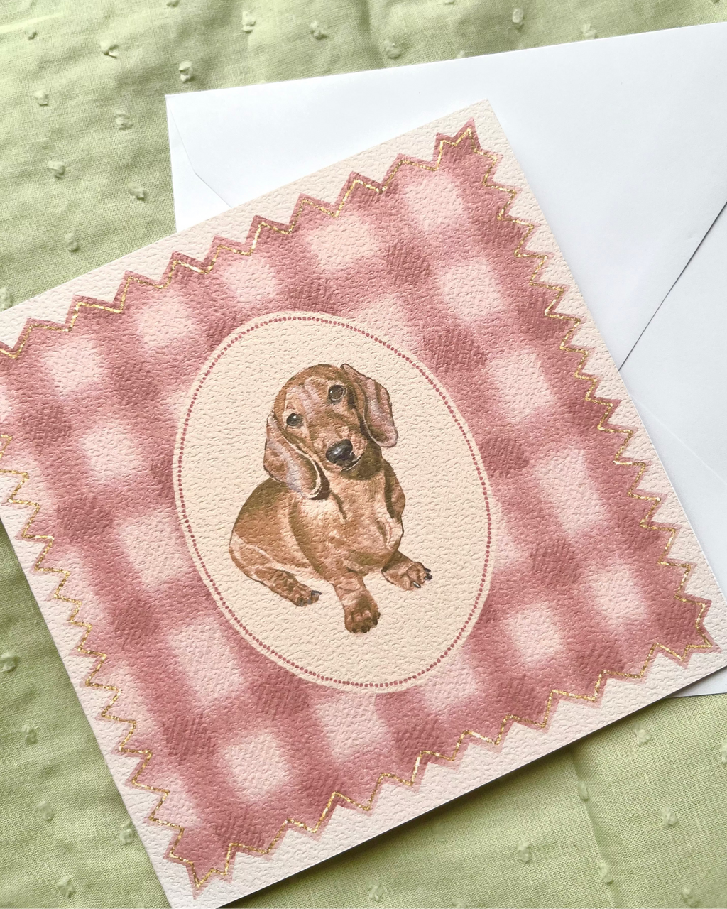 "Rose Gingham" Miniature Red Smooth-Haired Dachshund Greeting Card